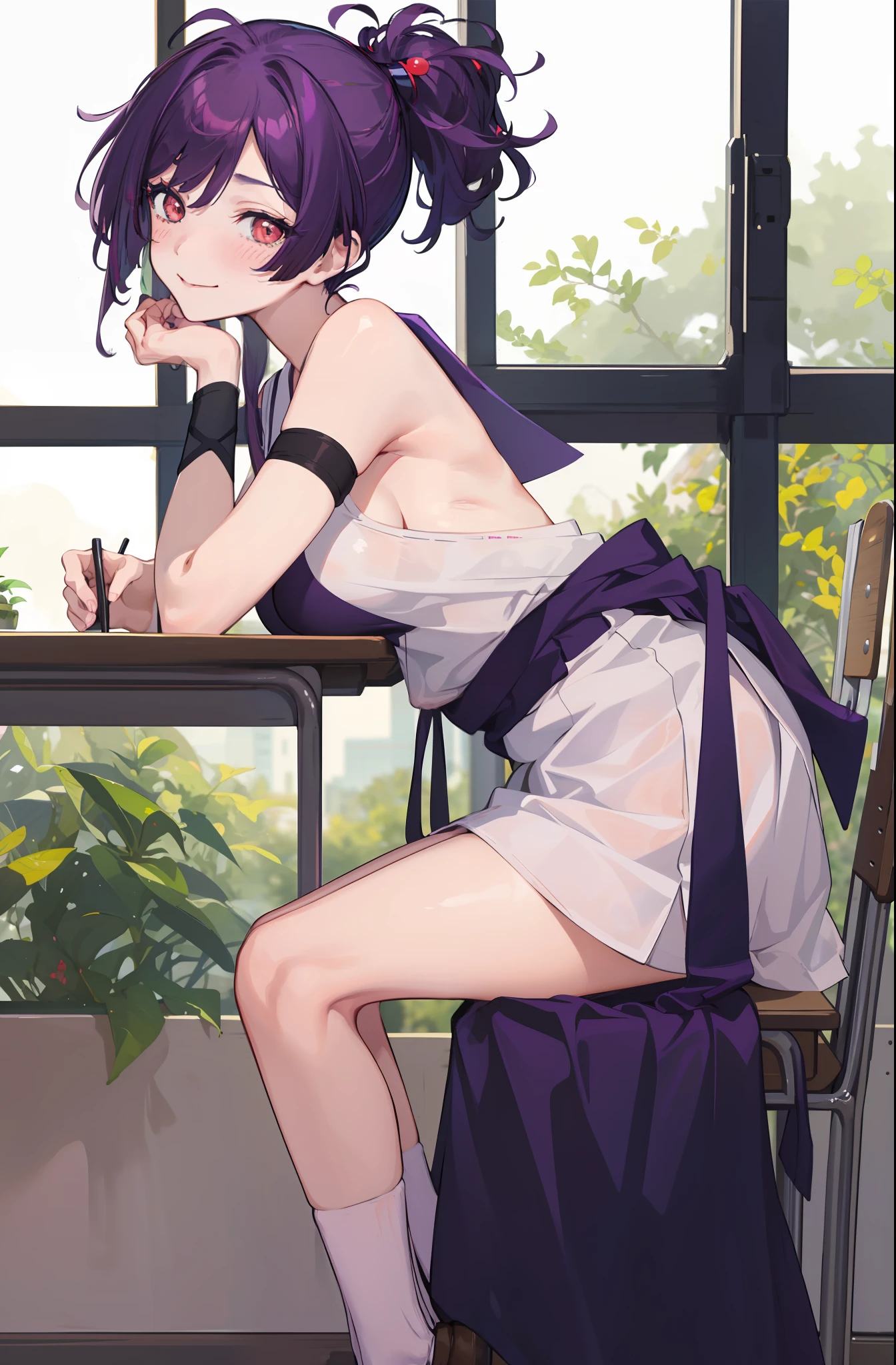 (1girl, solo), best quality, masterpiece, (leaning over to table:1.4), 1girl, yuzuriha_(jigokuraku), purple hair, brown eyes, small breasts, topknot, medium hair, breasts apart, seductive smile, (blush:1.1), japanese exterior, classroom, beautiful pose, (school outfit),