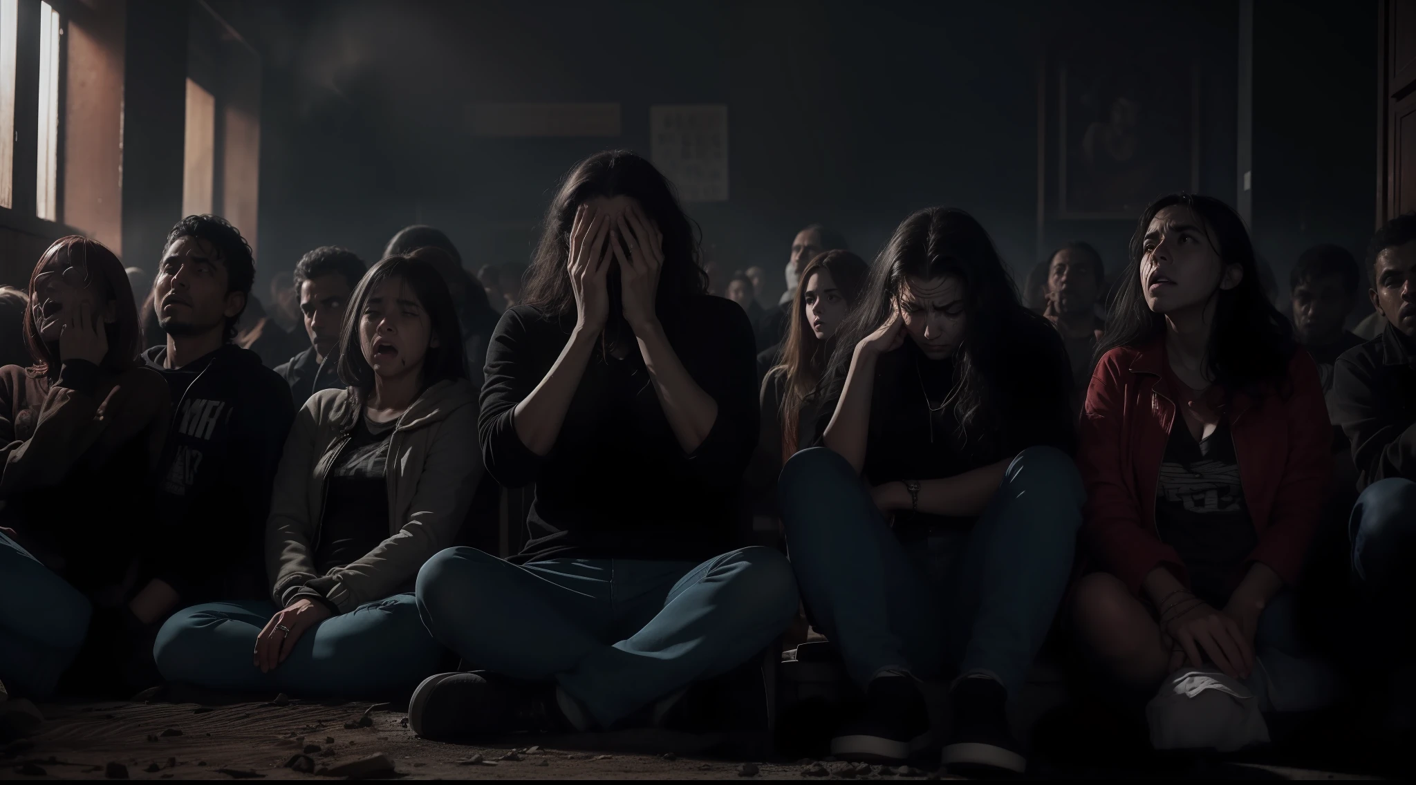Foto realista, homem meia idade, whitish eyes, marks of tired expression, wavy messy hair, pele parda, casaco jeanz preto, olhar triste chorando muito lagrimas , em desespero. roupas muito sujas, torn pants very weeping, muito desespero, gritando de desespero, grito de desespero. Despair apocalyptic scenario, Ambiente apocaliptco, A crowd in despair.