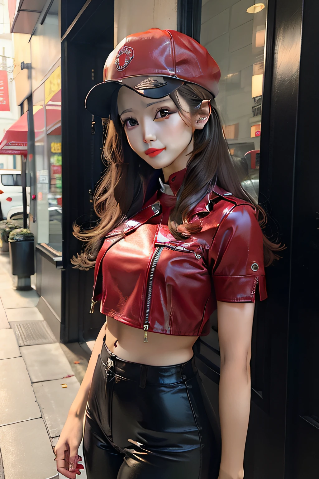 Wear red leather pants，Pretty little lady with a cap