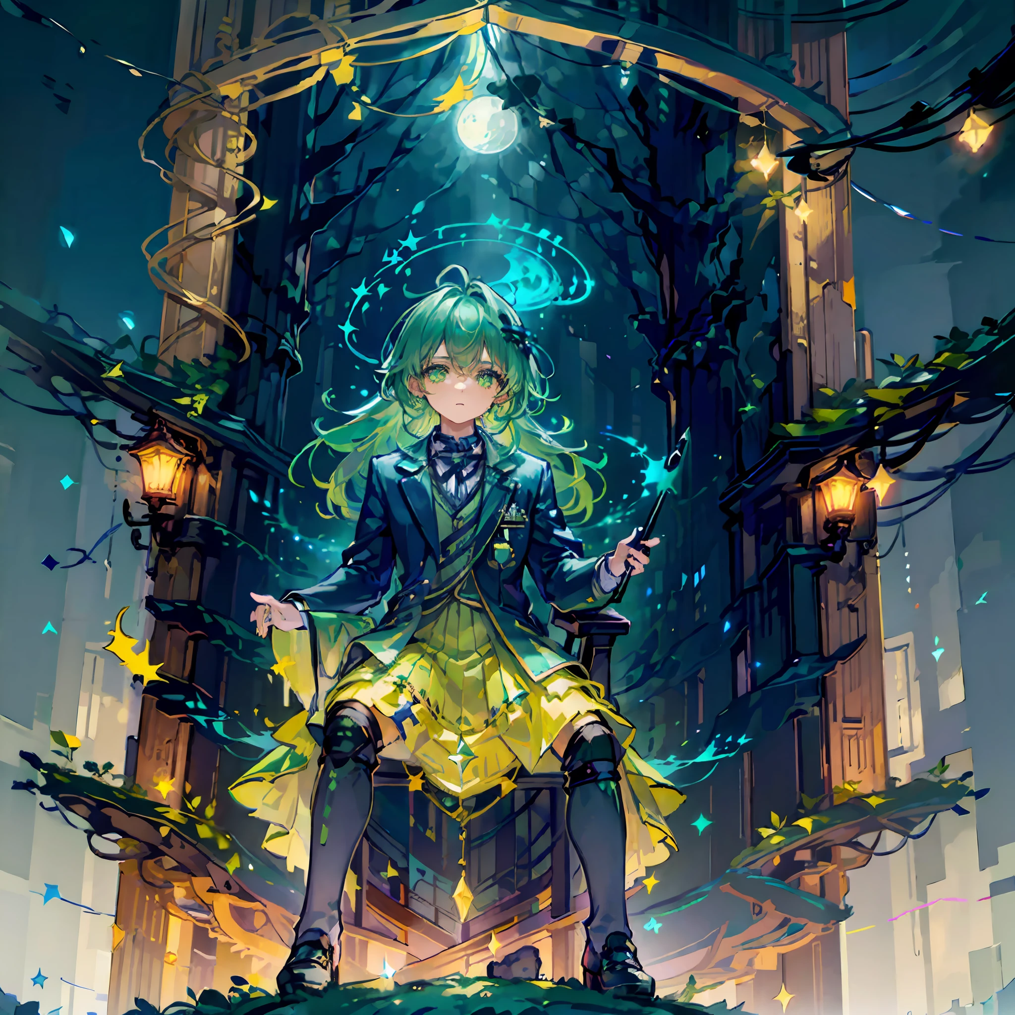 (A boy in a doctor coat sits on a chair atop a hostel roof) overlooking the mesmerizing night sky adorned with (glowing stars, galaxies, and the Octans constellation). The scene is enhanced by the presence of a (radiant blue moon). There is moon light . There are large tall green trees. Boy is looking at the sky.