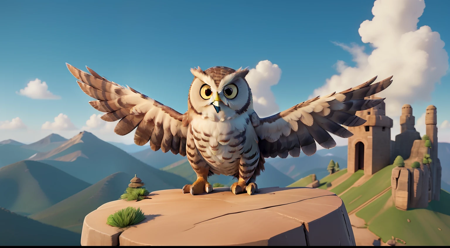 "a strong and imposing owl on a mountain" ((Best Quality)), ((Masterpiece)), (Detailed: 1.4), 3D