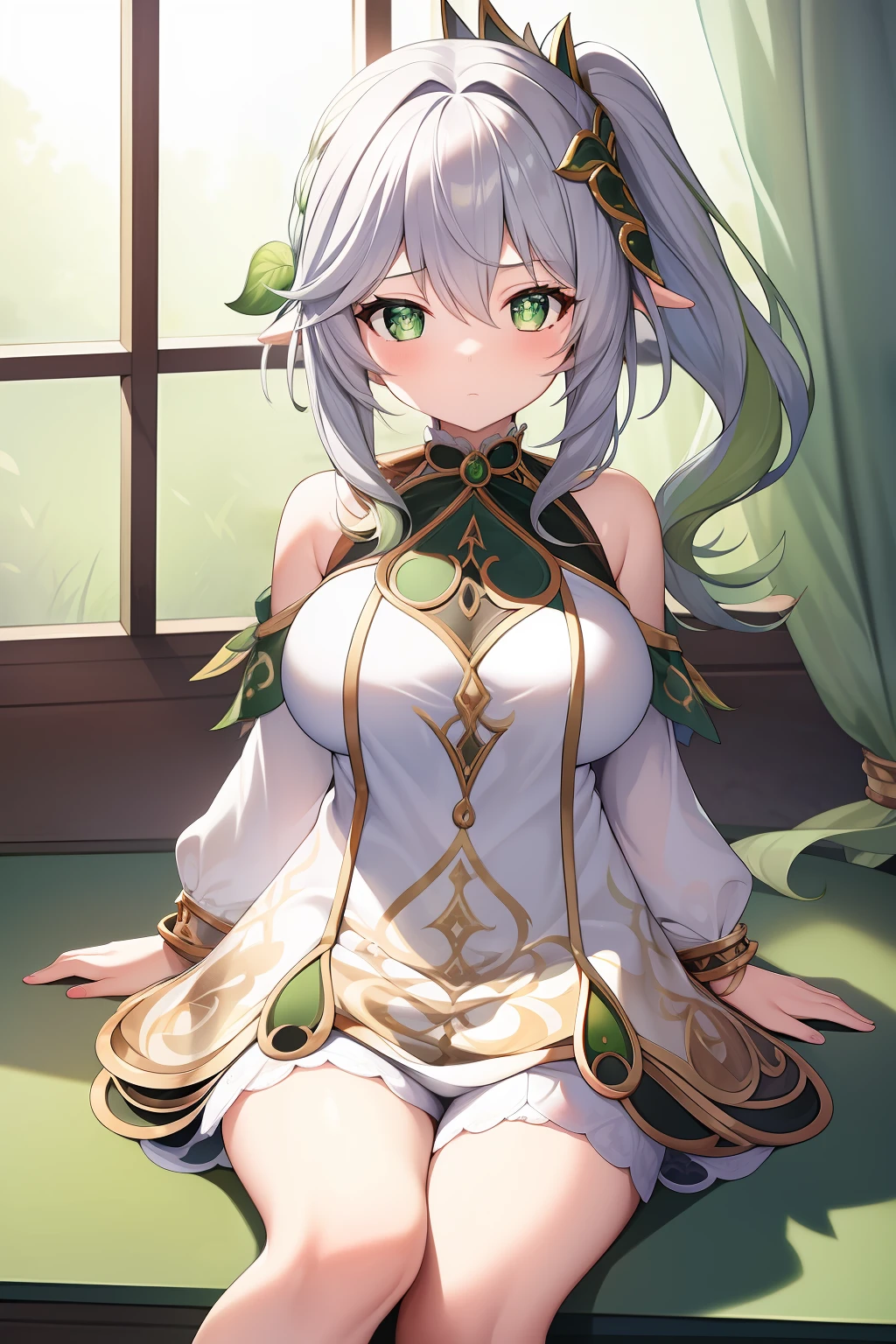 (masterpiece),best quality, expressive eyes, perfect face, 1girl,
big breast, H-cup, good breast, beautiful, gorgeous,anime,girl,lora, floating clothes,w sitting, w sitting on ground, legs on ground, short hair, yellow eyes, leaf hair ornament,red shirt,skirt,long sleeves,curtain chest ,hands on hips, hands on waist,nahidarnd,
nahidadef,