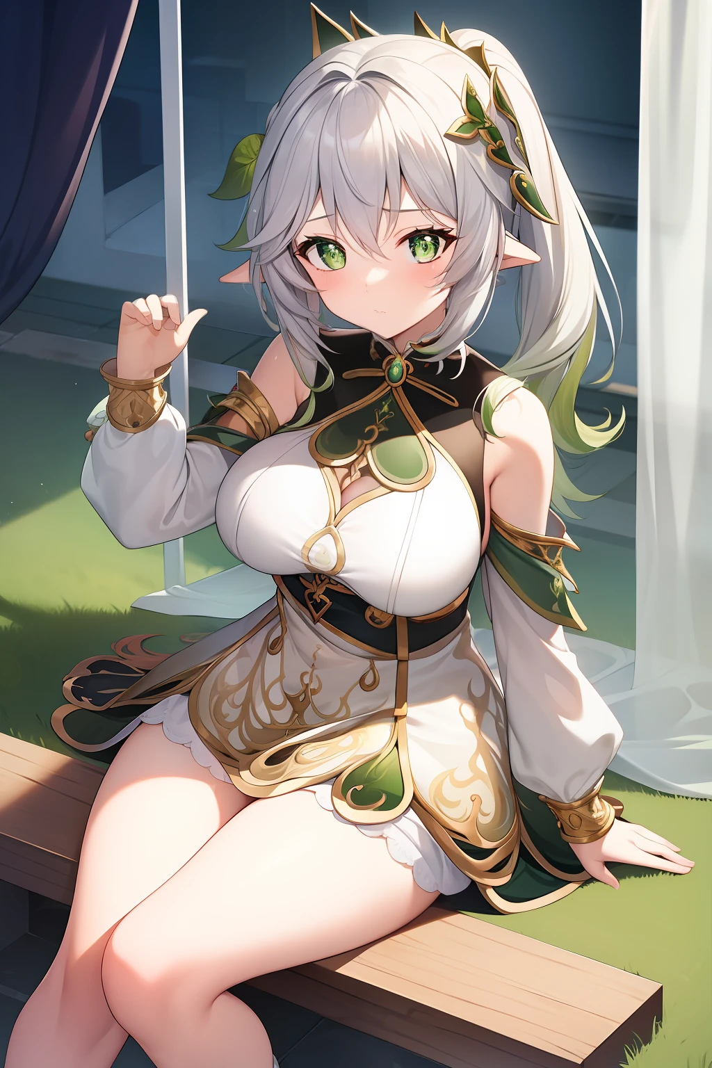 (masterpiece),best quality, expressive eyes, perfect face, 1girl,
big breast, H-cup, good breast, beautiful, gorgeous,anime,girl,lora, floating clothes,w sitting, w sitting on ground, legs on ground, short hair, yellow eyes, leaf hair ornament,red shirt,skirt,long sleeves,curtain chest ,hands on hips, hands on waist,nahidarnd,
nahidadef,