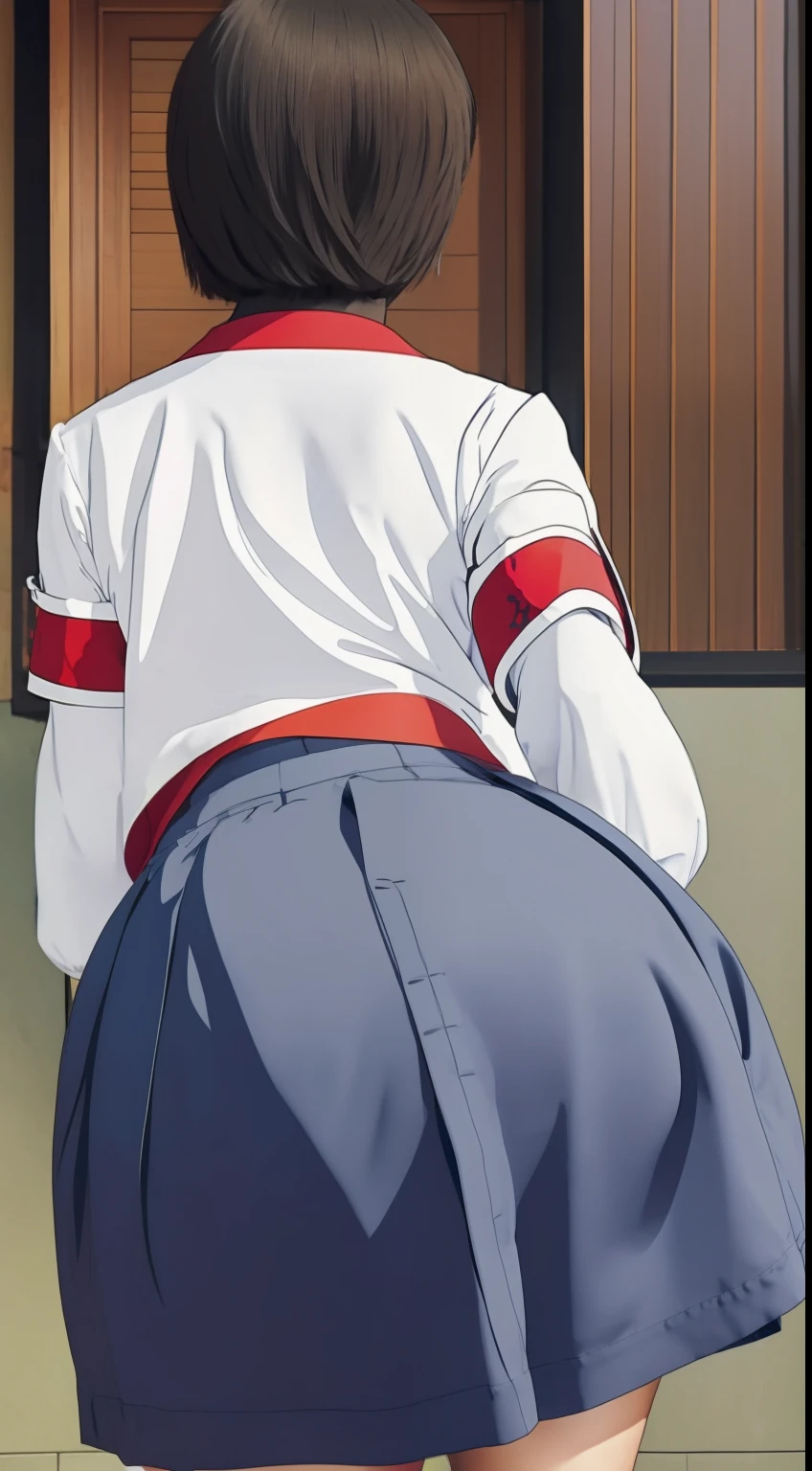 Suzuka, girl, short hair, black hair, white seifuku shirt top, blue skirt, red armband, view from behind, pantyline, tight ass, Wallpaper, wedgie, butt cheeks