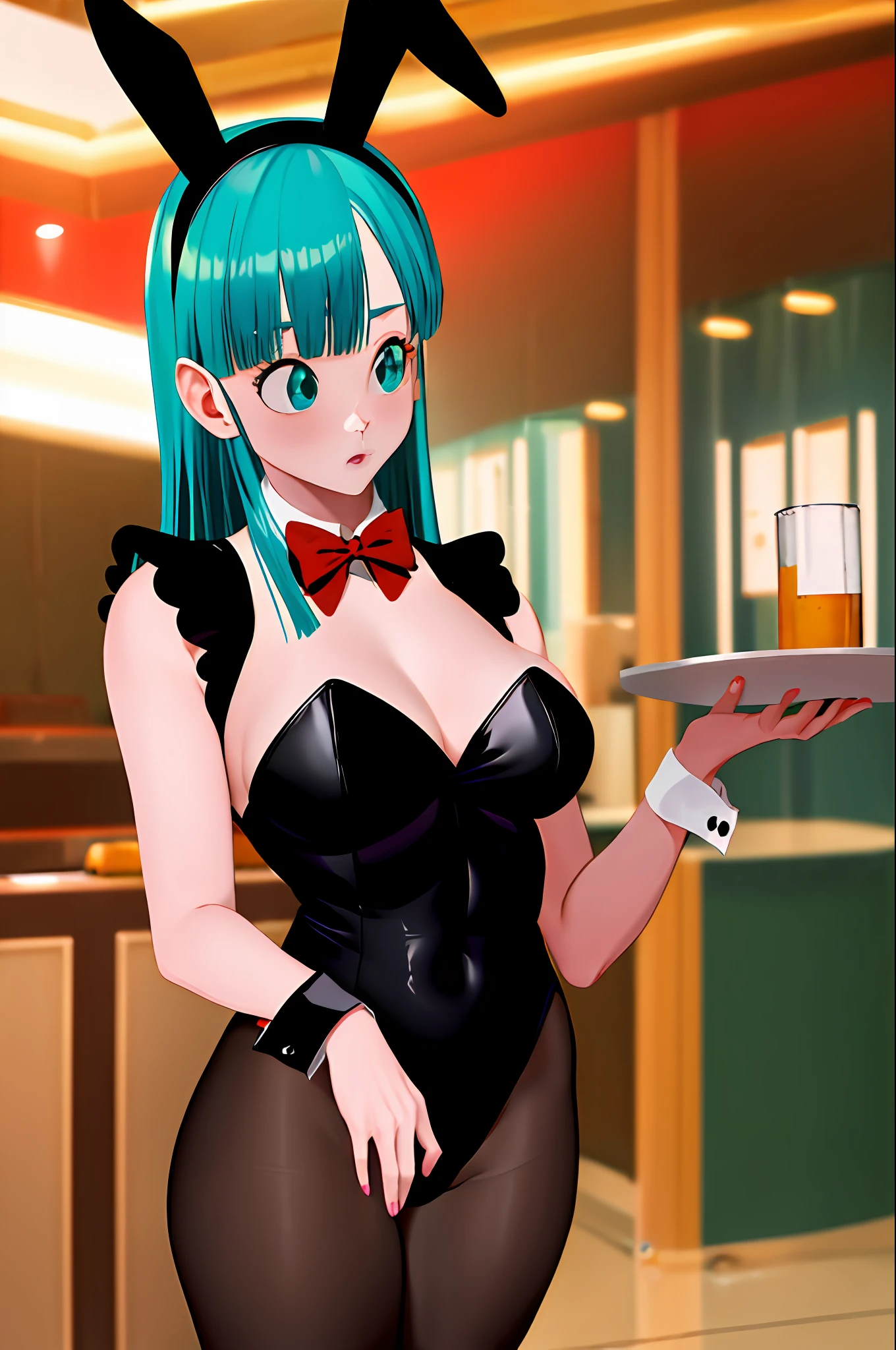 masterpiece, best quality, highres, dragon ball, blmlong, aqua hair, blunt bangs, long hair, playboy bunny, rabbit ears, black pantyhose, red bowtie, wrist cuffs, black leotard, large breasts, restaurant, holding tray, food, beer,