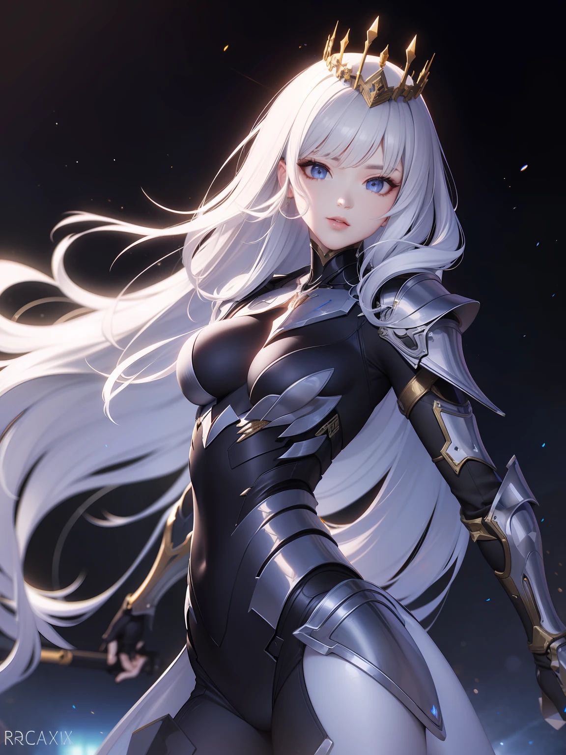 Exoskeleton mech,afofuturism,Gold and red theme style,offcial art,Unity 8k wallpaper,Hyper-detailing,Master masterpieces,,Best quality at best,A woman who is,(The is very detailed),(RAW photos,best qualtiy),(Realistis,realisticlying:1.3),High- sharpness,Open Your Mouth Lightly,Ultra detailed complex 3D rendering of the face,Mecha back,(highly detailedskin:1.2),),Beautiful Caucasian Woman,Soft breasts and fair skin ,Black color hair,eBlue eyes,long whitr hair,,dynamic angle,Mysterious expressions,fire glow effect,Fantasy background,edge lit,Side brightness,cinematric light,hyper HD,8K,filmgrain,Best shadow,light particules,detailed skin textures,Detailed jewel armor texture,detailed face with,with intricate detail,ultra - detailed,brightly,sturdy,Silver armor,,Slender abs, have glowing weapons,Mech shield,pole,(Beautiful huge mech crown with details)),shinning eyes,long cape,fanciful,,,,,(Realistis),