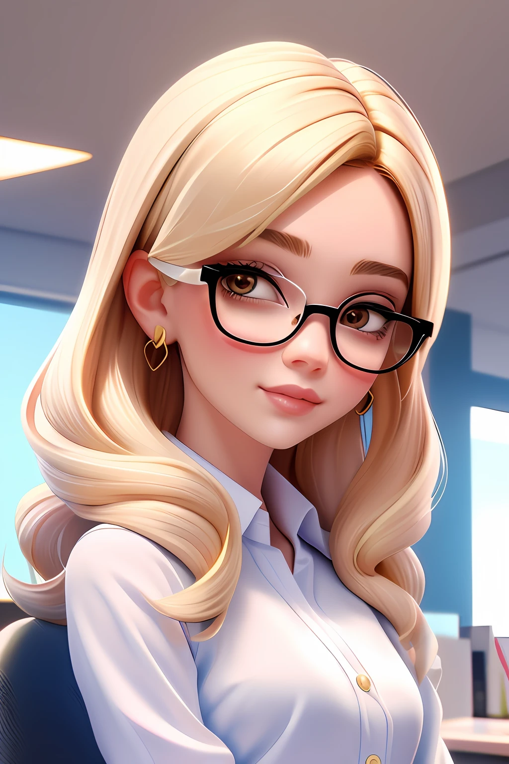 1 menina, mulher adulta, sardas, hazelnut eyes, (corpo inteiro: 1.2), fundo simples, obra-prima, melhor qualidade, (fundo gradiente) cabelos blondies Feliz, pastel hues, cabelo curto, loiro claro, working in an office, executiva, intelectual