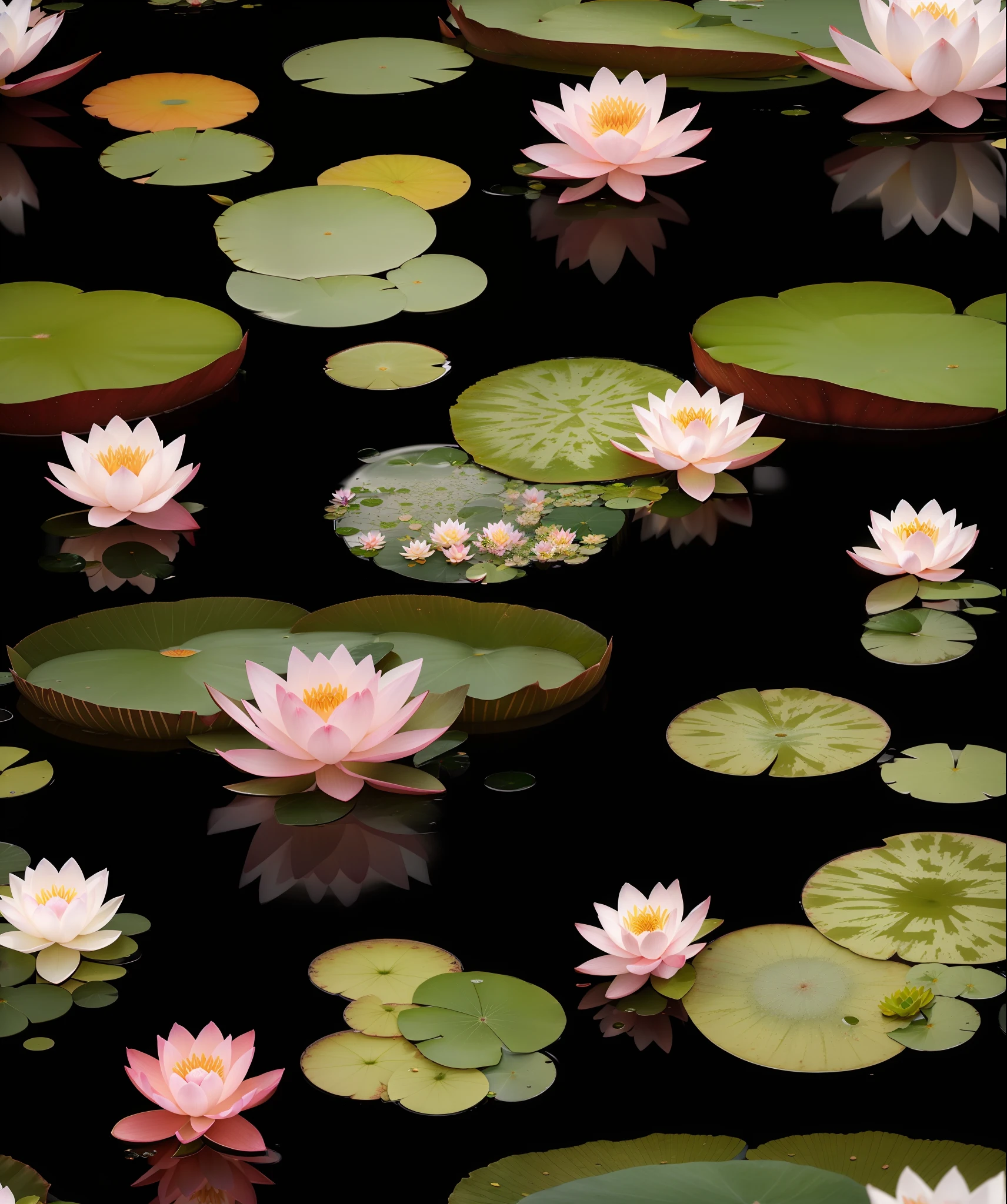 There are many lillies of water floating on the surface of the water, lotus flowers on the water, waterlily pond, waterlily pads, lotus pond, lily pad, lily pads, lotus flowers, lily pad, lotuses, Nymphaea, Alpine lagoon with water lilies, lily flowers. 8 mil, lagoa com sapos e lilypads, lotuses
