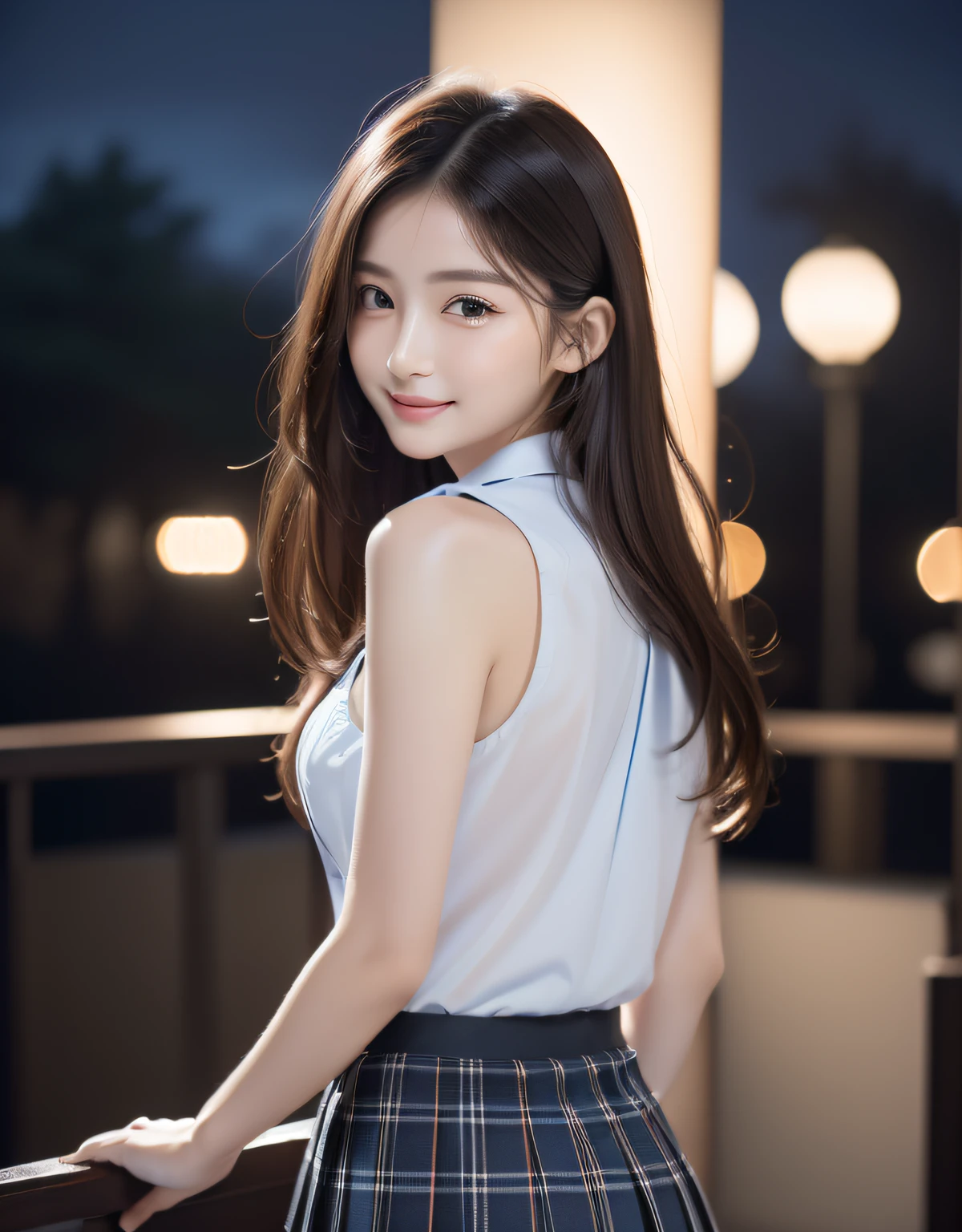 (((Night situation:1.5))), photorealistic, (8k, RAW photo, best quality, masterpiece:1.2), High detail RAW color photo, professional photograph, cowboy shot, (realistic, photo realistic:1.37), cinematic light, (finery detailed face:1.2), white skin, real human skin, (detailed face), oval face, pores, ultra high res, BREAK, thigh 1girl, (((look back:1.2), (thrust out one's hip:1.2))), very cute, very beautiful, photo realistic, Beauty event companion, 18-28 years old, curby:1.15, (medium-breast:1.37, cleavage:1.37), (looking straight at viewer with a serene and goddess-like happiness:1.2), (beautiful thin long hair, brown hair), (lifter gloss, eyelashes, gloss-face, best quality, ultra highres, Broad lighting, natural shading), BREAK, (seductive look, (school girl uniform:1.3, light-blue collared shirt:1.3, black box-pleats-skirt:1.3)), BREAK, ((shy, light smile:1.3, seductive smile, soft smile, open mouth:1.3, blush, in heat, presenting, seductive emotion, aroused)), BREAK, ((Night midtown street view:1.5, night town background, moody:1.5, night, star, starry, moody lighting:1.5, cinematic light)), ((from behind:1.5, sexy random posing:1.3)), blurry background, bokeh, depth of field, (cowboy shot:1.3), centered image, perfect anatomy, perfect proportion,