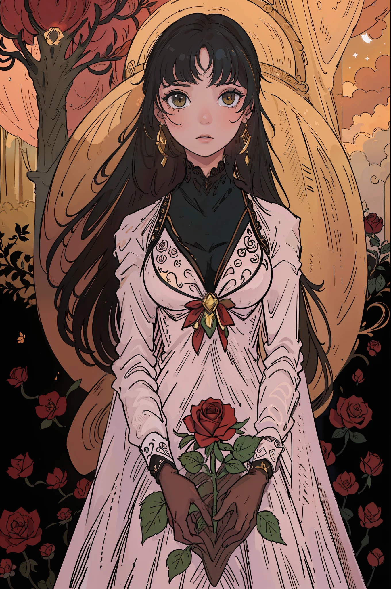 The most beautiful rose bush imaginable and an incredibly elegant young woman, superbly hairstyled, Espectacularmente maquillada y con un vestido deslumbrantemente en colores dorados, negros y grises fabuloso. In a dream garden on a magical night. (obra maestra) (mejor calidad)