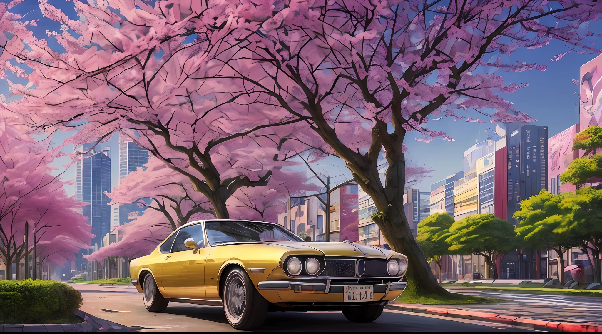 The city, (Masterpiece,Detailed,hight resolution:1.4) , model shot, close up, Detailed street, Car parking, (kaneki ken),a tree,Sakura,Retro,Tokyo Ghoul,The background of retro futurism, bright colours, HDR