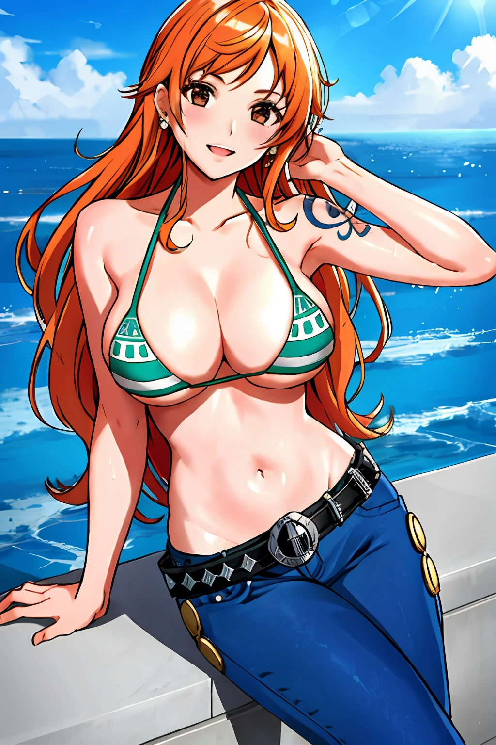 detailed background, masterpiece, 4k, epic, best quality, late youth, adult, milf, athlete body, 1girl, active, energic, ((wide open mouth, folded legs, smile, lying on the ground, fully lying down, open eyes, hands spread sideway)) , solo, nami \(one piece\), 1girl, bangle, (very missy hair, tired, open mouth, feeling hot, tilting head, both hands spreadeagled, serious, hurt, glaring, open eyes, looking up, perfect detailed face, detailed round face) bold drawing lines, muscular arms, detailed bold arm lines, flat jaw, adult woman, (wavy wide streaked bangs, floating bang, long left bangs ) (big cheeks), bare shoulders, off-shoulders, belt, bikini, bikini top only, blue sky, bracelet, springy breasts, breast lines, big round eyes, very big brown shiny eyes, bubbles, high eye position, cleavage, cloud, day, denim, earrings, floating hair, wavy hair, shiny hair, green belt, green bikini, bold groin lines, long jeans, jewelry, medium breasts, log pose, long hair, looking at viewer, long navel, wet hair, orange hair, pants, shoulder tattoo, sidelocks, sky, solo, stomach, swimsuit, tattoo, detailed left arm, big forehead, hourglass figure, small head, toned body, wide hair, wind effect, sun effect, under the sun, narrow small ears angle, older, straight shot, water splashes