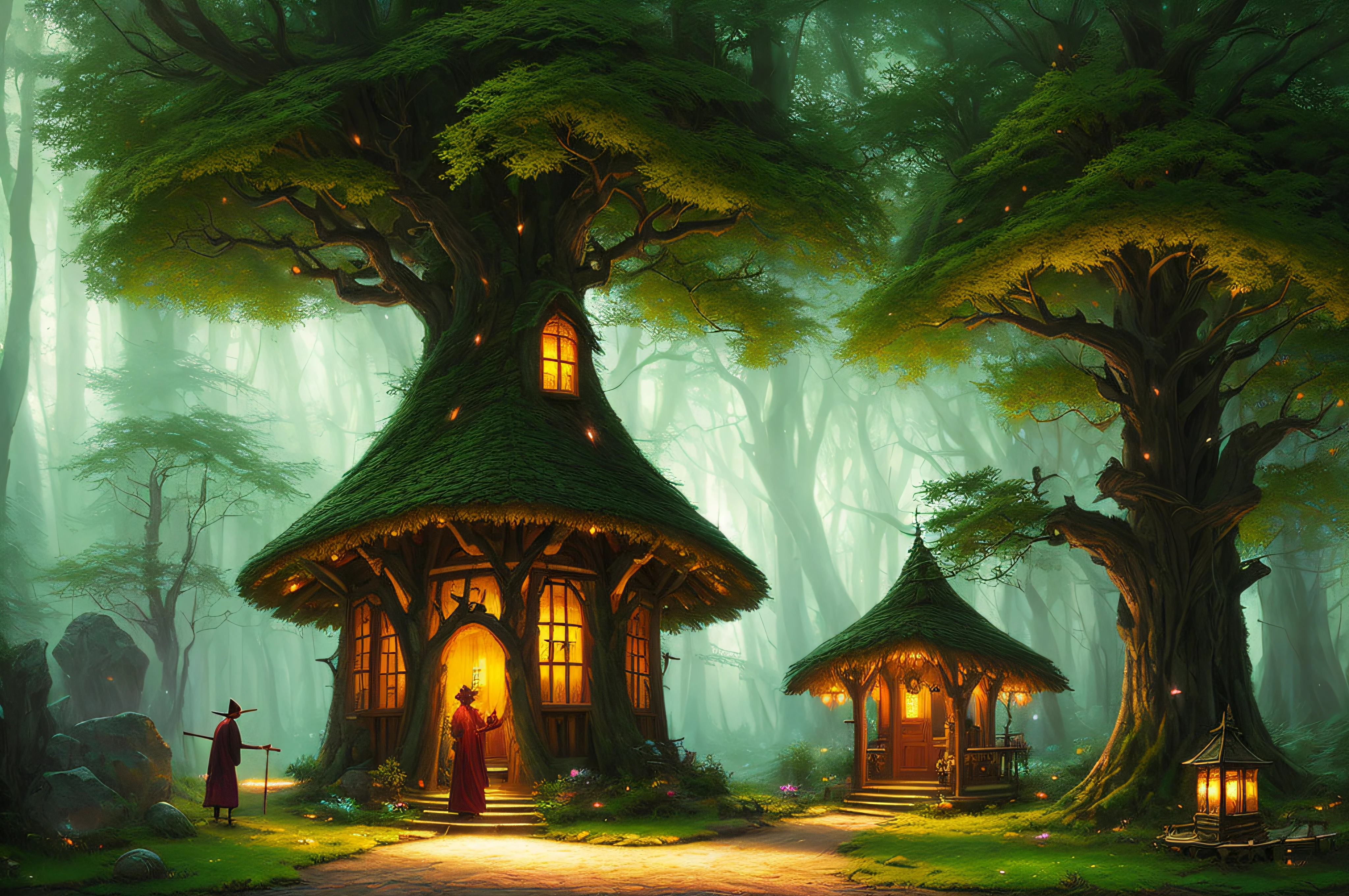 magic forest, magic atmosphere, house inside big tree, stones, wizard in robe with staff, fireflies, green colors, highly detailed, Landscape, by Greg Rutkowski, by Thomas Kinkade, by wlop