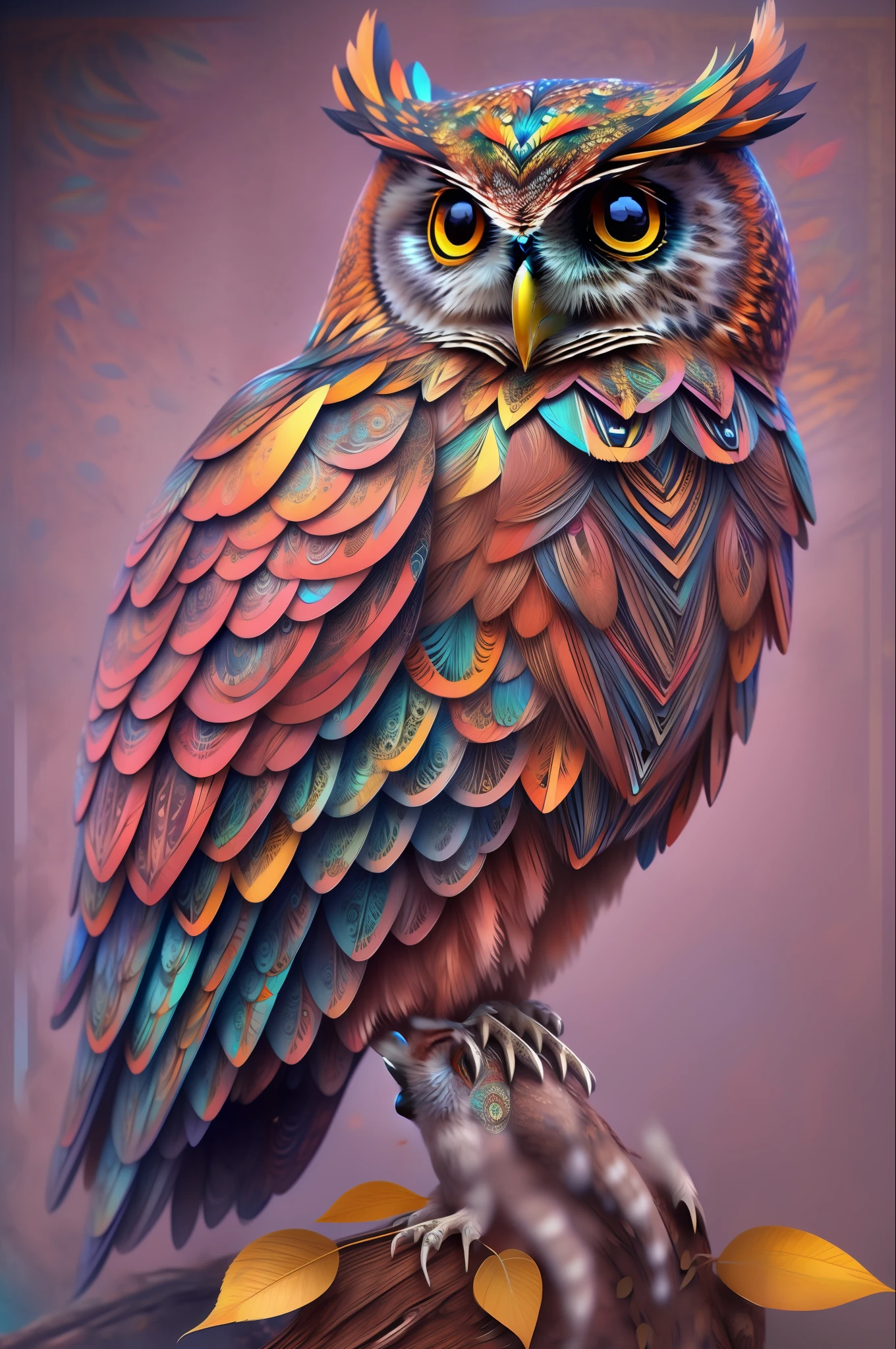 A colorful owl sitting on a branch with leaves, Hibou radieux, full of colors and rich detail, Mechanical owl, Hibou rougeoyant, Le plus sage de tous les hiboux, colourfull!! highly detailed, Hibou mignon, Richly detailed colors, Very detailed and colorful, Assistant Hibou, Very detailed and colorful, high detailed colors, coloration parfaite, Hyperrealistic robot owl, Detailed realistic colors