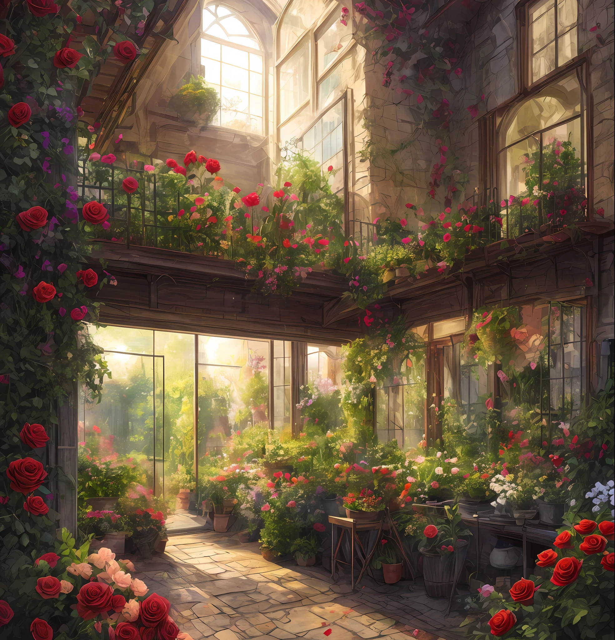 The Scary Garden Factory offers red roses，Artistic composition，tmasterpiece，The light from the back window is backlighted，rays of sunshine，beautiful picture