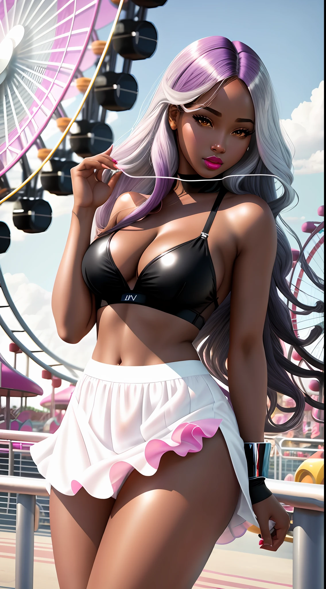 super sexy black woman 20s, transparent panties, amusement park, Ferris wheel, wet black skin, pink lips, silver eyes, medium breasts, legs up, ultra realistic, 8k, long purple hair, ultra realistic, ultra transparent white skirt realistic, 8k