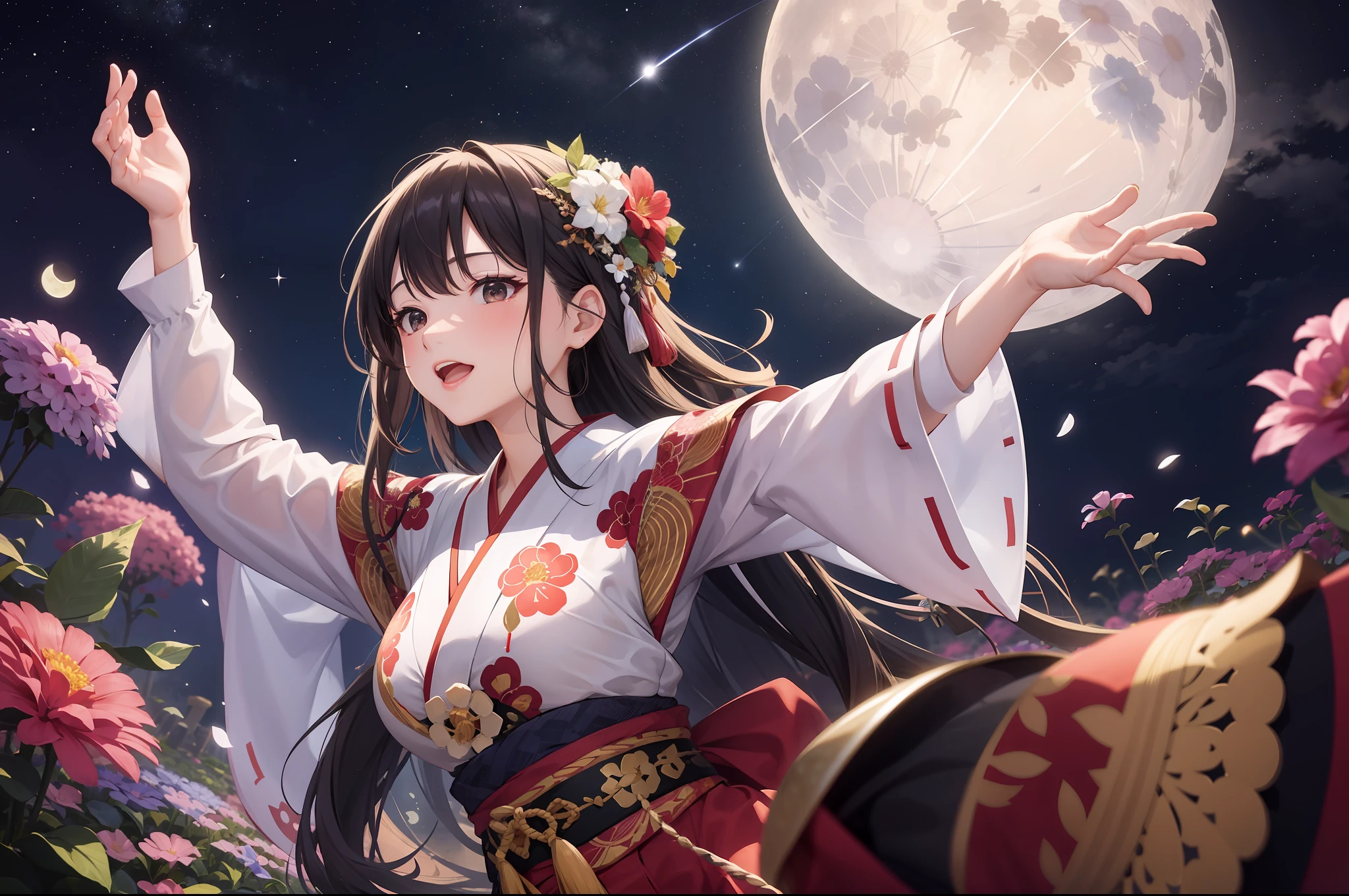 Woman in haori dancing in a flower garden、starrysky、a moon、Boundage、landscapes、natta、