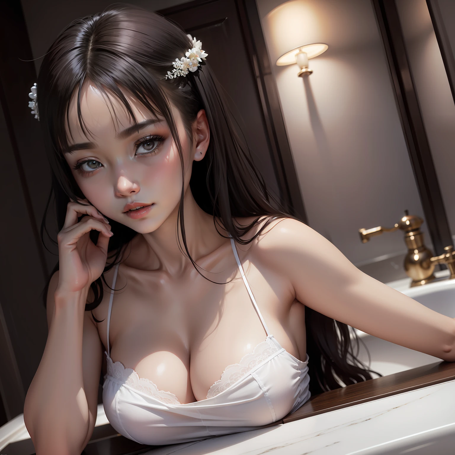 The quality is amazing,masterpiece1.2,Nuanced eyes1.2,complexdetails,depth of fields,one-girl,in bathroom,Wearing a white slip dress,Moist black ball head,adolable。