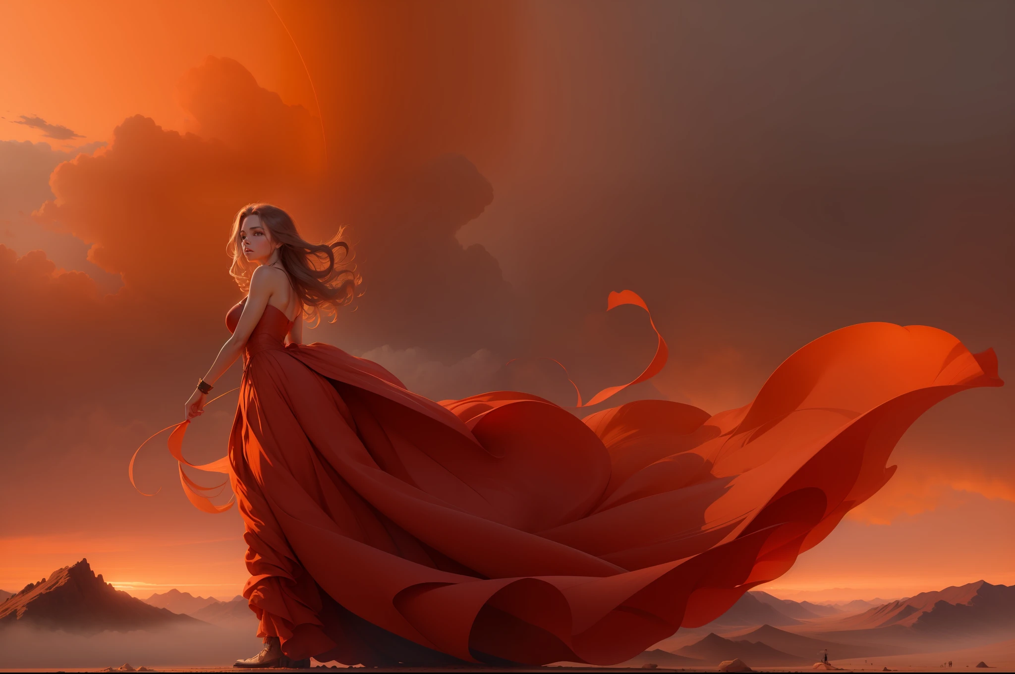 A beautiful girl: standing on a barchan in the desert, in a long red dress that develops in the wind, against a cloudy sunset sky, 8k resolution, masterpiece, cute face, artstation digital painting smooth veryBlack ink flow: 8k resolution photorealistic masterpiece: by Jean Baptiste Mongue: calligraphy: acrylic: watercolor art, professional photography, natural lighting, volumetric lighting maximalist photoillustration: by marton bobzert:, complex, elegant, expansive, fantastical, wavy hair, vibrant