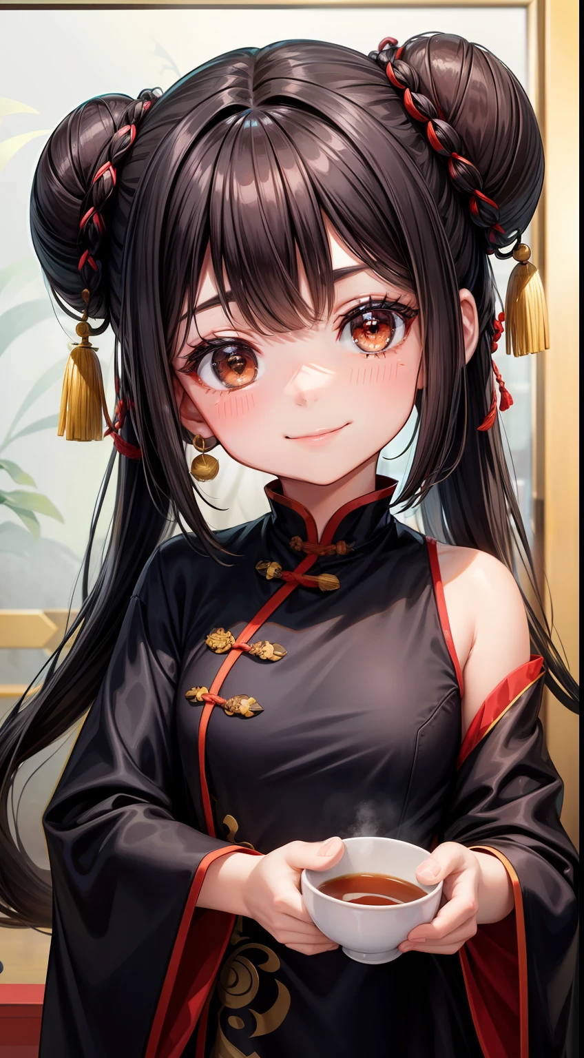  girl, black hair in two buns, Brown eyes, Chinese dress, tea, symbiote, Smile, Masterpiece, hiquality