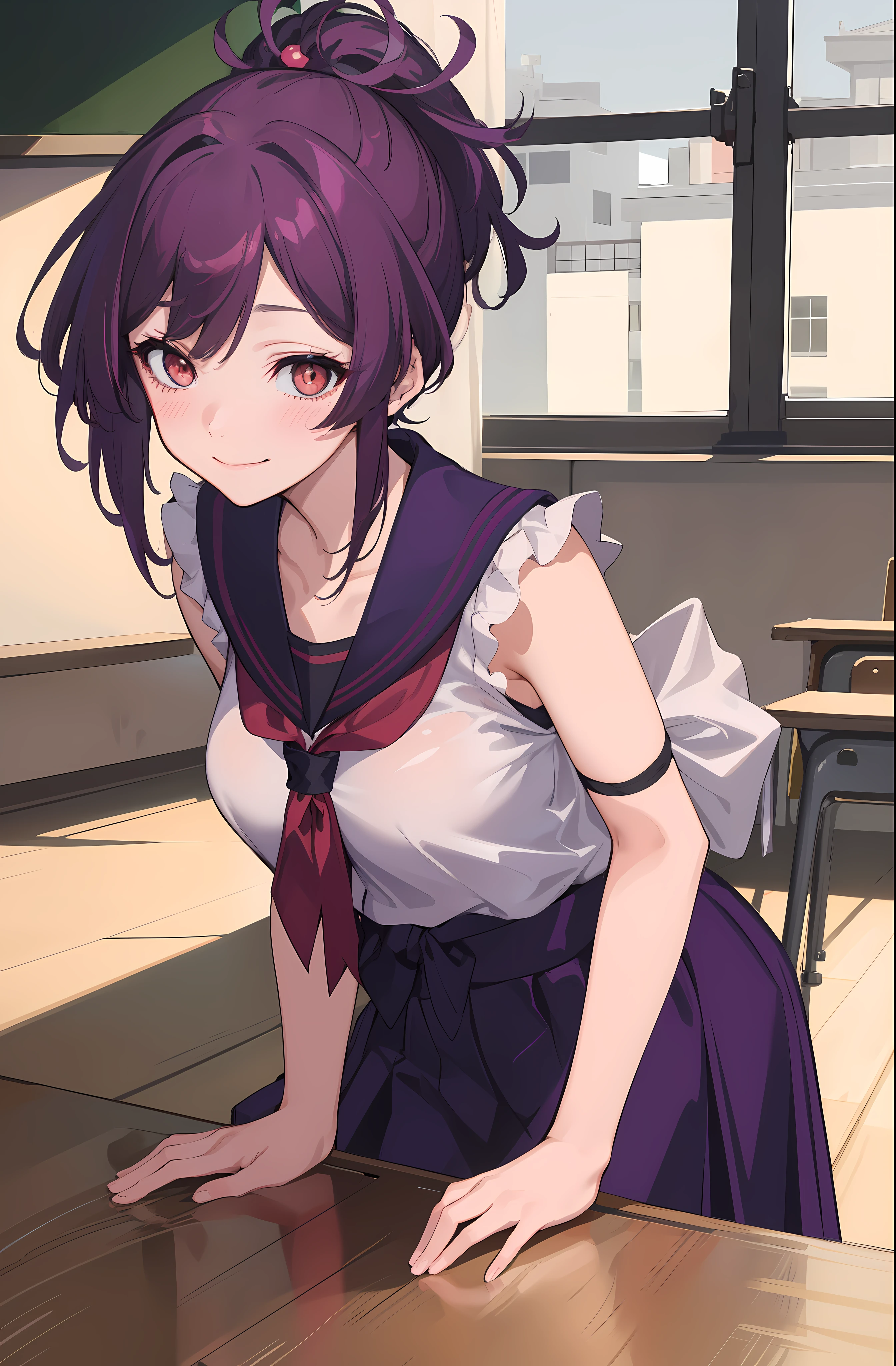 (1girl, solo), best quality, masterpiece, (leaning over to table:1.4), 1girl, yuzuriha_(jigokuraku), purple hair, brown eyes, small breasts, topknot, medium hair, breasts apart, seductive smile, (blush:1.1), japanese exterior, classroom, beautiful pose, (school outfit),