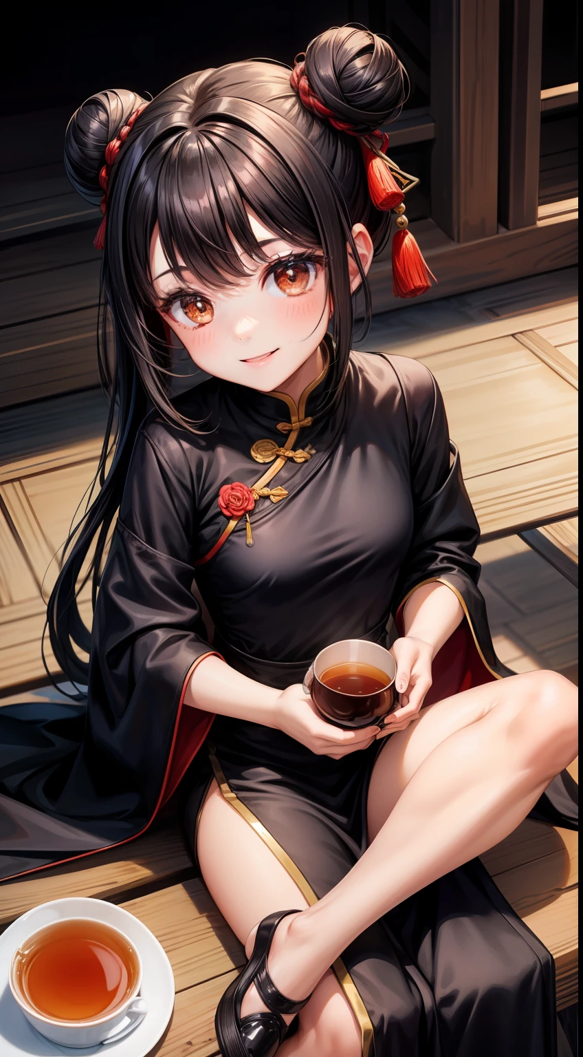 small girl, black hair in two buns, Brown eyes, Chinese dress, tea, symbiote, Smile, Masterpiece, hiquality