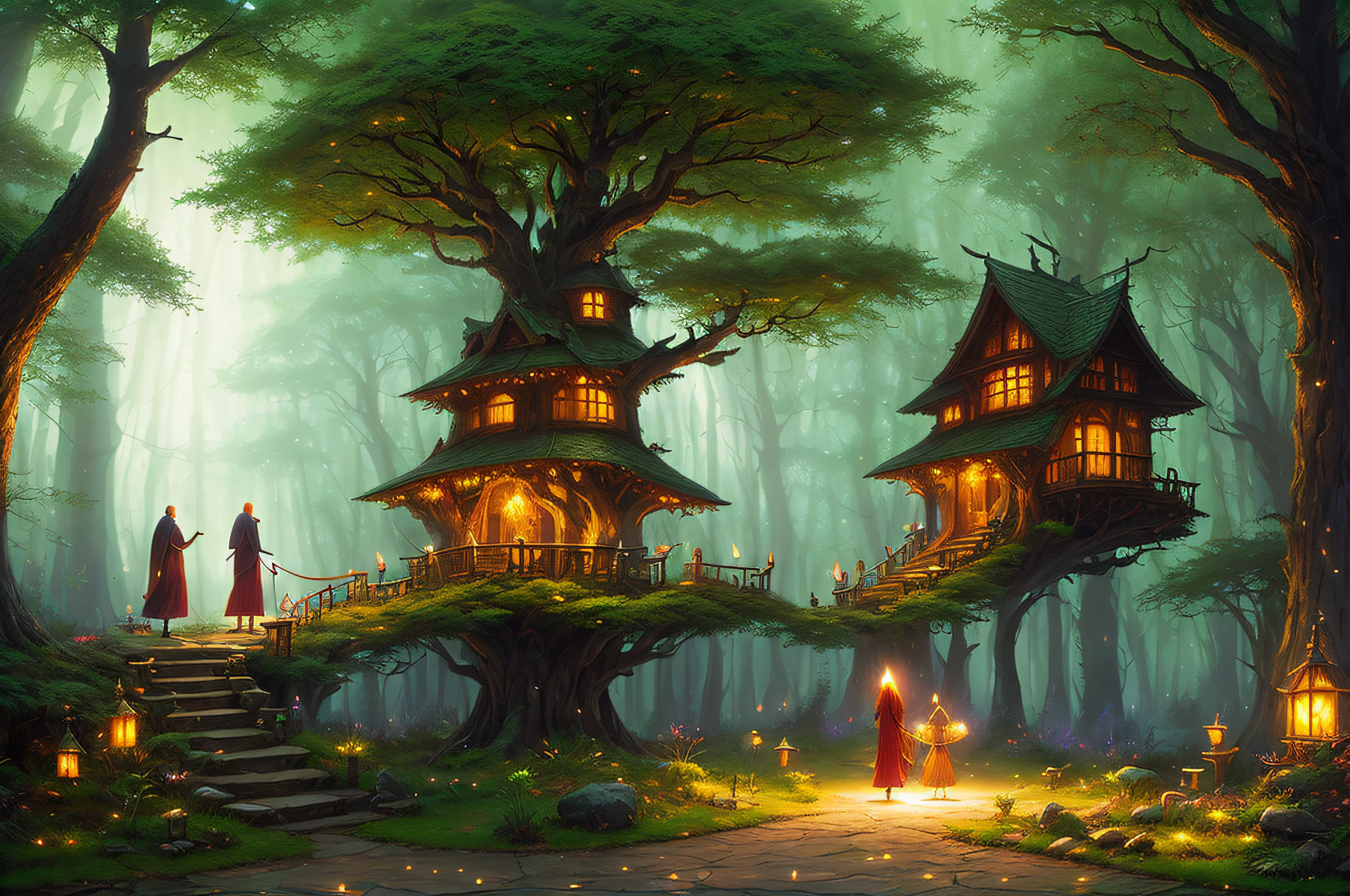 magic forest, magic atmosphere, house inside big tree, stones, wizard in robe with staff, fireflies, green colors, highly detailed, Landscape, by Greg Rutkowski, by Thomas Kinkade, by wlop