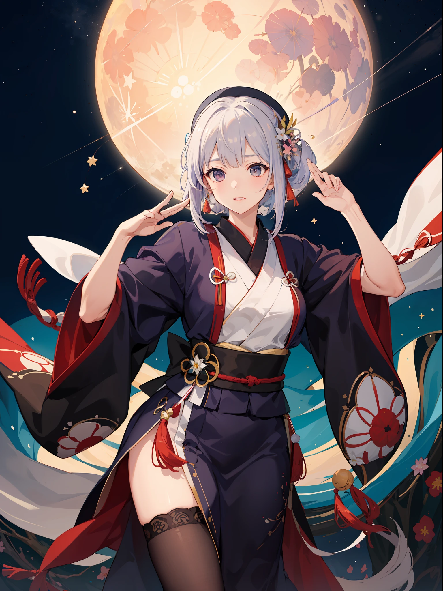 Woman in haori dancing in a flower garden、starrysky、a moon、Boundage、