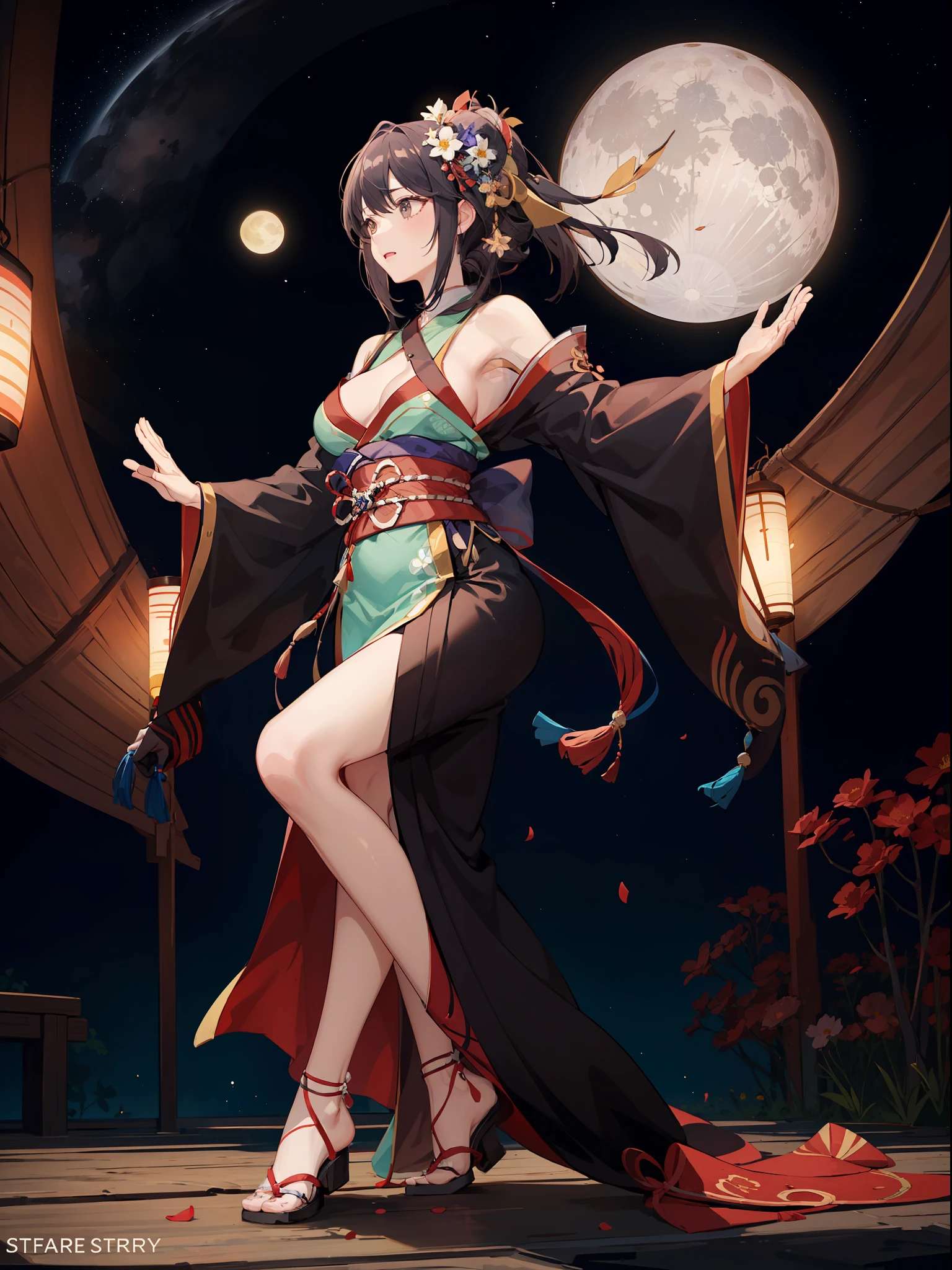 Woman in haori dancing in a flower garden、starrysky、a moon、Boundage、