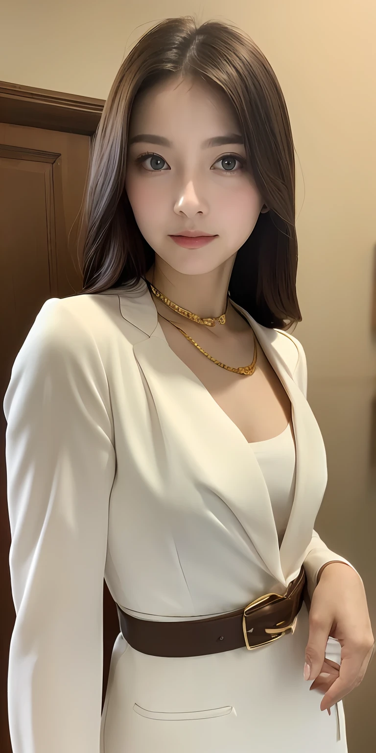 1人, Solo, Portrait of British golden girl in tunic white blazer dress, Gold belt,Delicate makeup, Details, Realistic, Photography, The background is blurred out, soft focus,(Medium shot:1.4)brown background,voluptuous figure