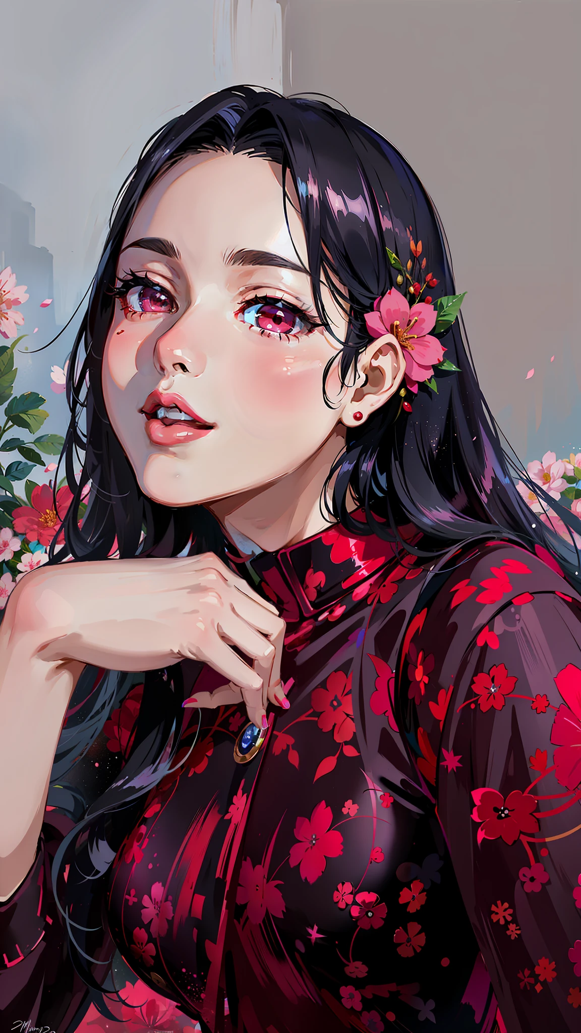 (masterpiece),(best quality:1.0), (ultra highres:1.0), detailed illustration, 8k, anime, 1girl, beautiful anime girl, wearing a red dress , intricate details, rounded face, chubby, black eyes, detailed eyes, black hair, detailed hair detailed, highlights on hair,  pink flower on ear, smiling, red lipstick, perfect lips, anime style, best quality, detailed