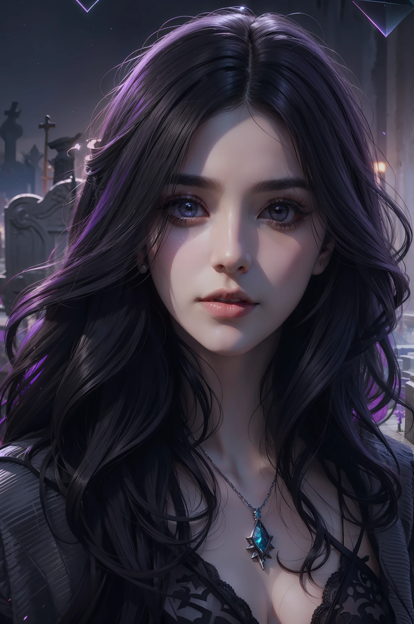 Beautiful woman reminiscent of Yennefer from The Witcher with long black hair and violet eyes bright as constellations, obra prima, ultra qualidade, 8k, cabelos caindo sobre seus ombros, in the background a cemetery, she's wearing casual clothes