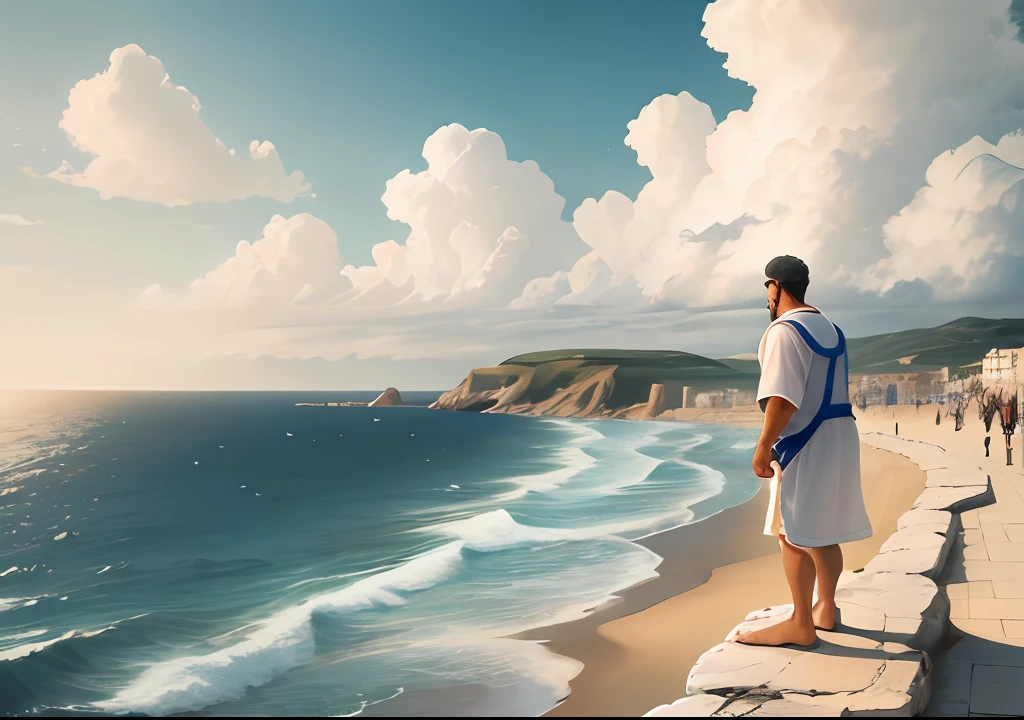 Landscape along the coast. White clouds. Greek man in a tunic yelling against the raging sea