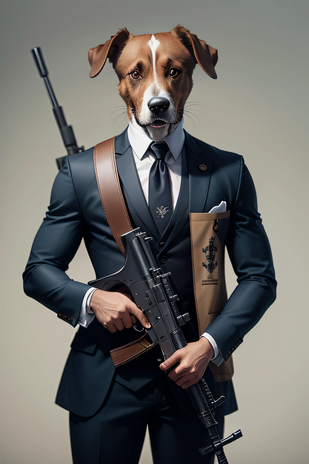 Dog wearing a designer suit with a rifle in hand