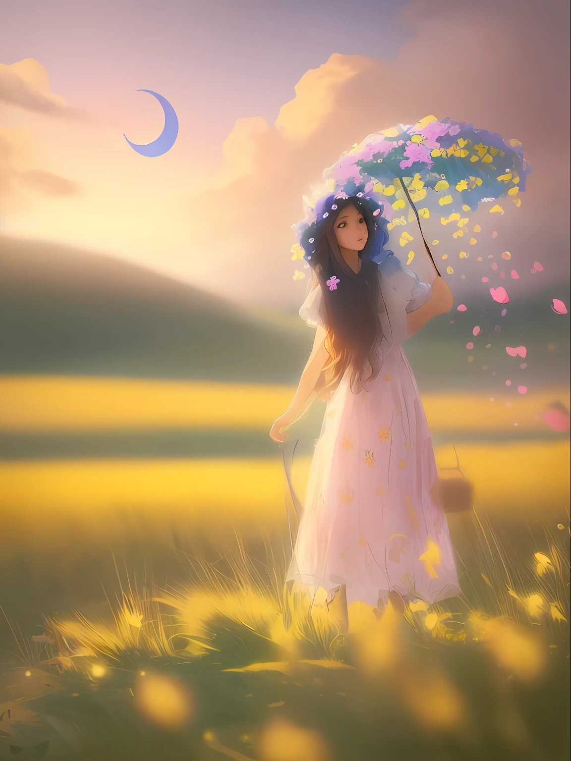 Painting of a woman holding an umbrella in a field with a crescent in the sky, foto muito bonita, com cores lindas, arte sonhadora, uma deusa em um campo de flores, coberto de flores, beautiful dreamy breathtaking, que caminha em um campo de flores, Beautiful image, nuvens da meninana que c no campo da flor, sonho colorido, cena de sonho, menina nas flores