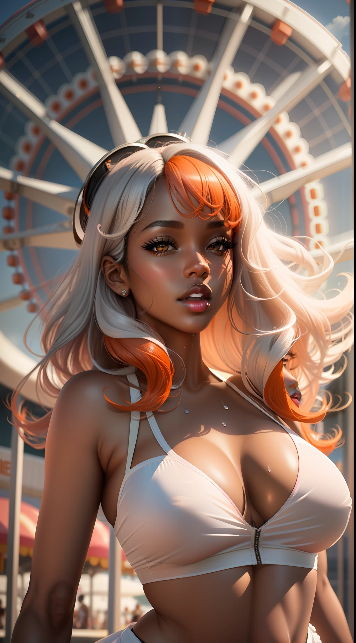 super sexy black woman 20s, transparent panties, amusement park, Ferris wheel, wet black skin, pink lips, silver eyes, medium breasts, legs up, ultra realistic, 8k, long orange hair, ultra realistic, ultra transparent white skirt realistic, 8k