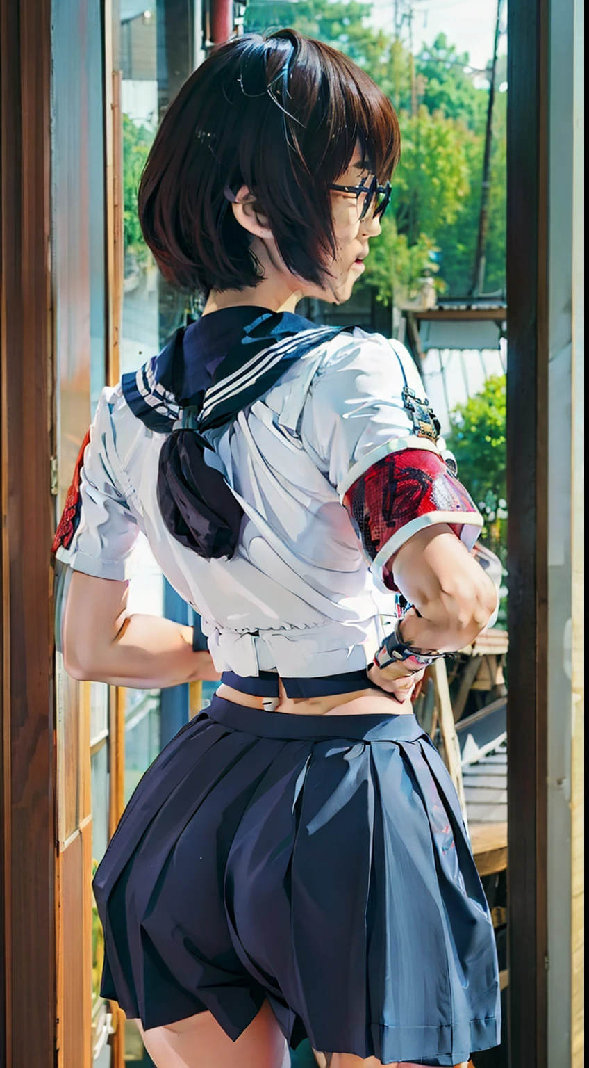 Suzuka, girl, short hair, black hair, white seifuku shirt top, blue skirt, red armband, view from behind, pantyline, tight ass, Wallpaper, wedgie, butt cheeks