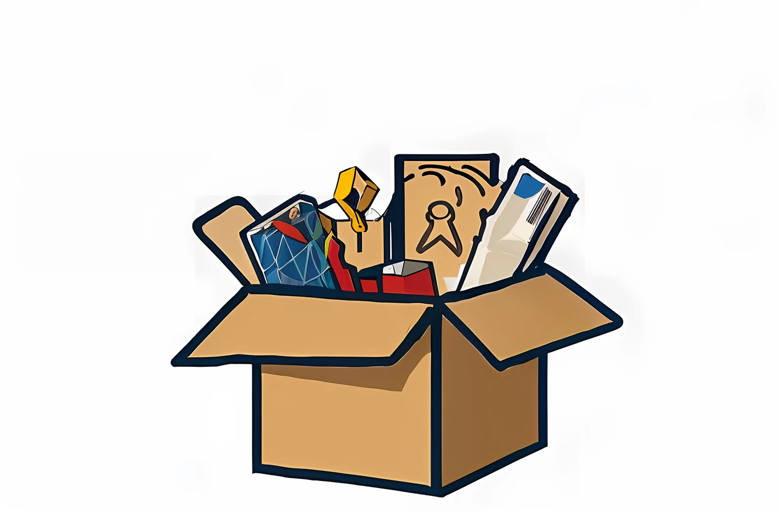 There's a box with a lot of stuff inside it, itens e gadget, dentro de sua caixa, cheio de coisas, caixa, 🎨🖌️, Undesordemed, objetos diversos, commercial illustration, flat illustration, movente, multiple items, Caricato e simplista, desordem, com um monte de coisas, Pack, em casa