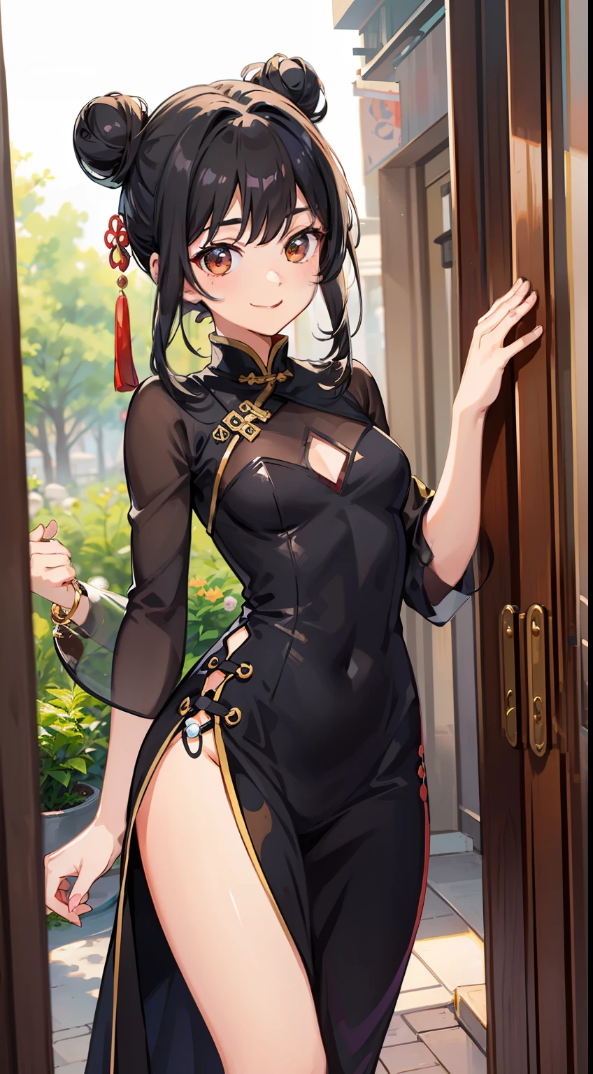 small girl, black hair in two buns, Brown eyes, Chinese dress, tea, symbiote, Smile, Masterpiece, hiquality