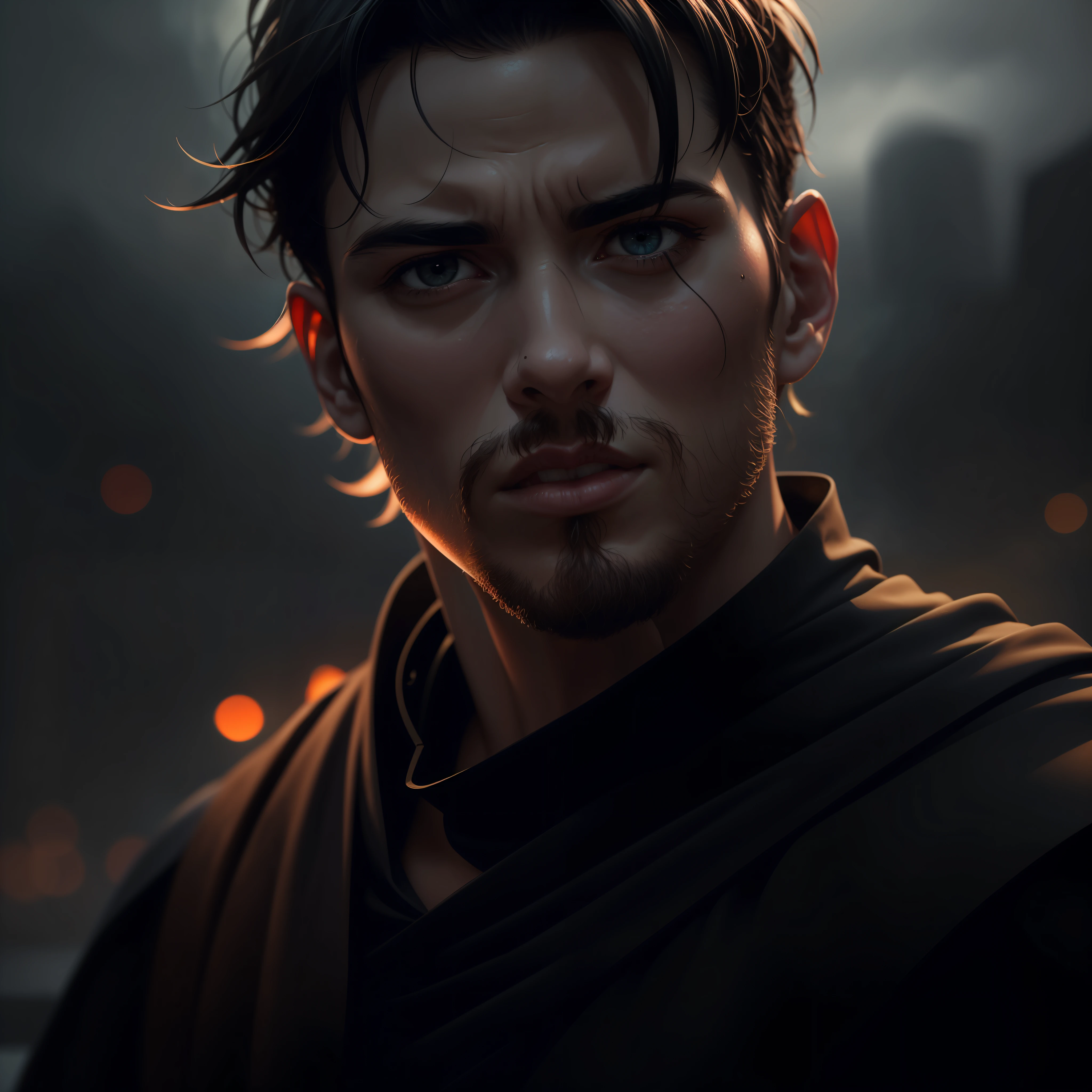 (sharp focus:1.2), an award winning photo of an man monk Orange, black outside, lightning back lighting, anger, extremely detailed skin, hopelessness ,cloudy eyes, (deep shadows:1.1), high contrast, beautiful eyes, absurdres, 8k, (high quality:1.3), , artstation hd, concept art, detailed face and body, award-winning photography, (moody lighting:1.2), depth of field, bokeh, 4K, HDR