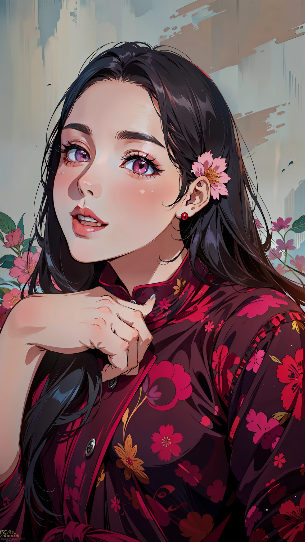 (masterpiece),(best quality:1.0), (ultra highres:1.0), detailed illustration, 8k, anime, 1girl, beautiful anime girl, wearing a red dress , intricate details, rounded face, chubby, black eyes, detailed eyes, black hair, detailed hair detailed, highlights on hair,  pink flower on ear, smiling, red lipstick, perfect lips, anime style, best quality, detailed