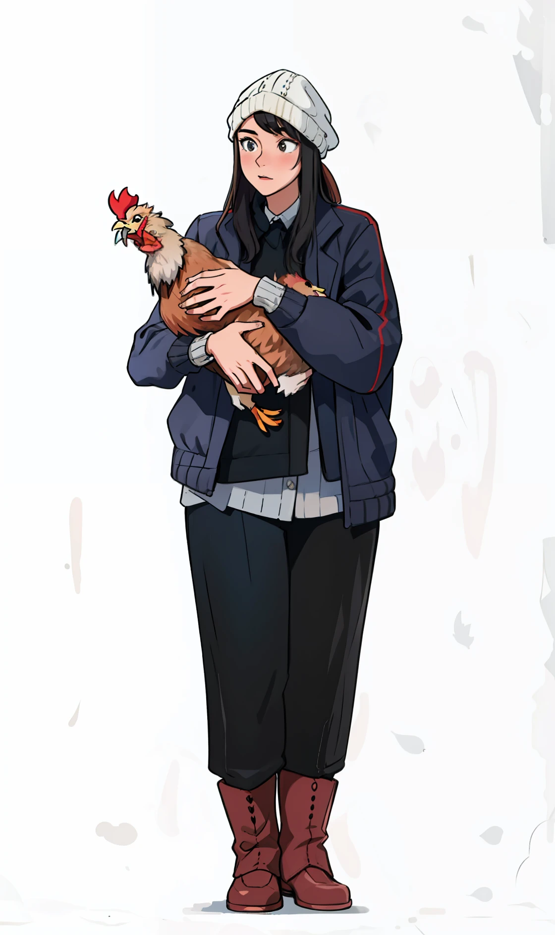 （tmasterpiece：1.4）， （best qualtiy：1.4）， （high detal：1.4）， （A high resolution：1.4）， （A detailed：1），  Woman in woolen hat holding a chicken，Gray clothes ，