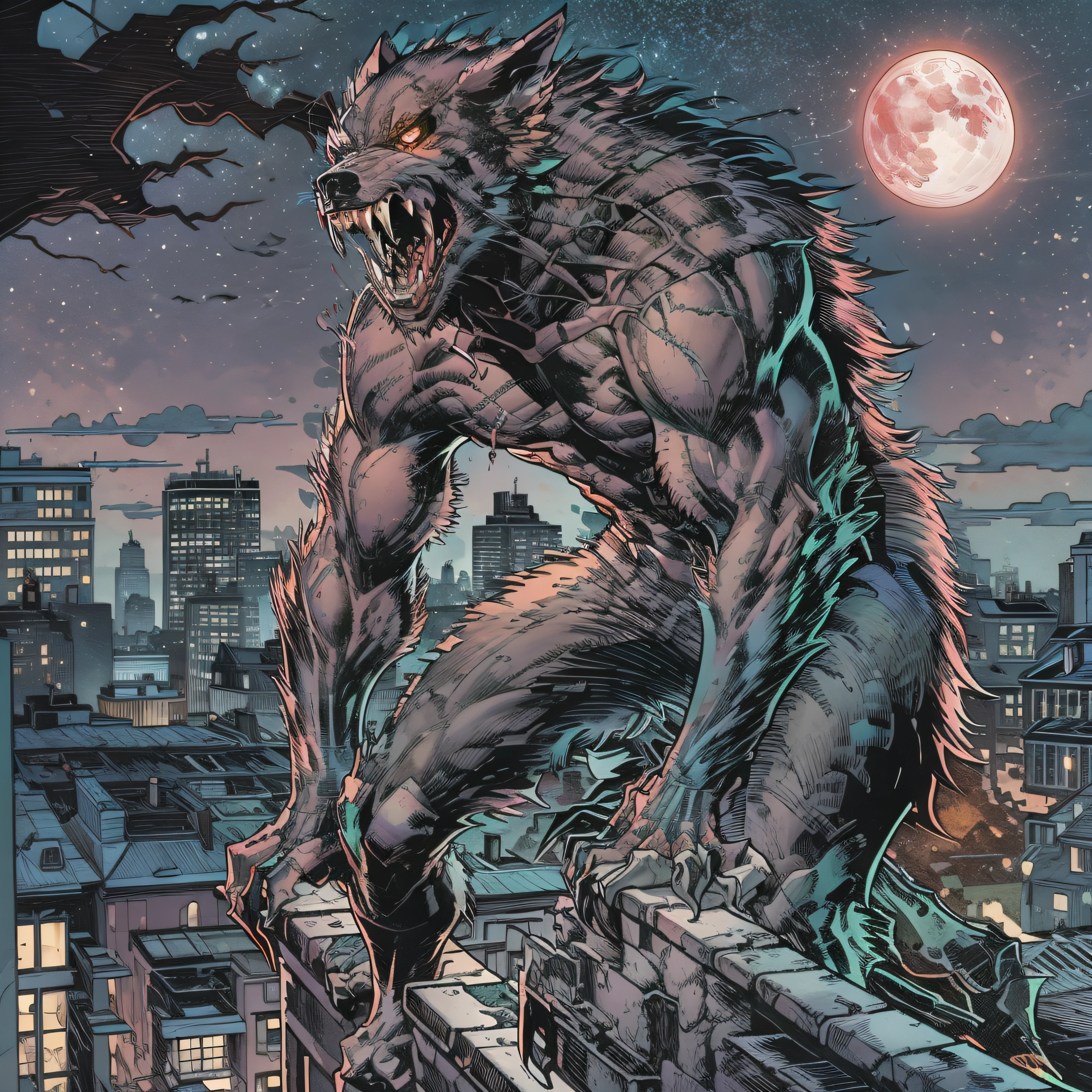 Werewolf by Night from Marvel comics, with bloody fangs, on a City rooftop, moon in the background