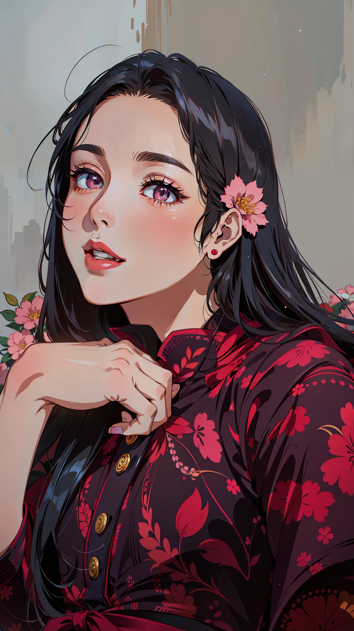 (masterpiece),(best quality:1.0), (ultra highres:1.0), detailed illustration, 8k, anime, 1girl, beautiful anime girl, wearing a red dress , intricate details, rounded face, chubby, black eyes, detailed eyes, black hair, detailed hair detailed, highlights on hair, pink flower on ear, smiling, red lipstick, perfect lips, anime style, best quality, detailed