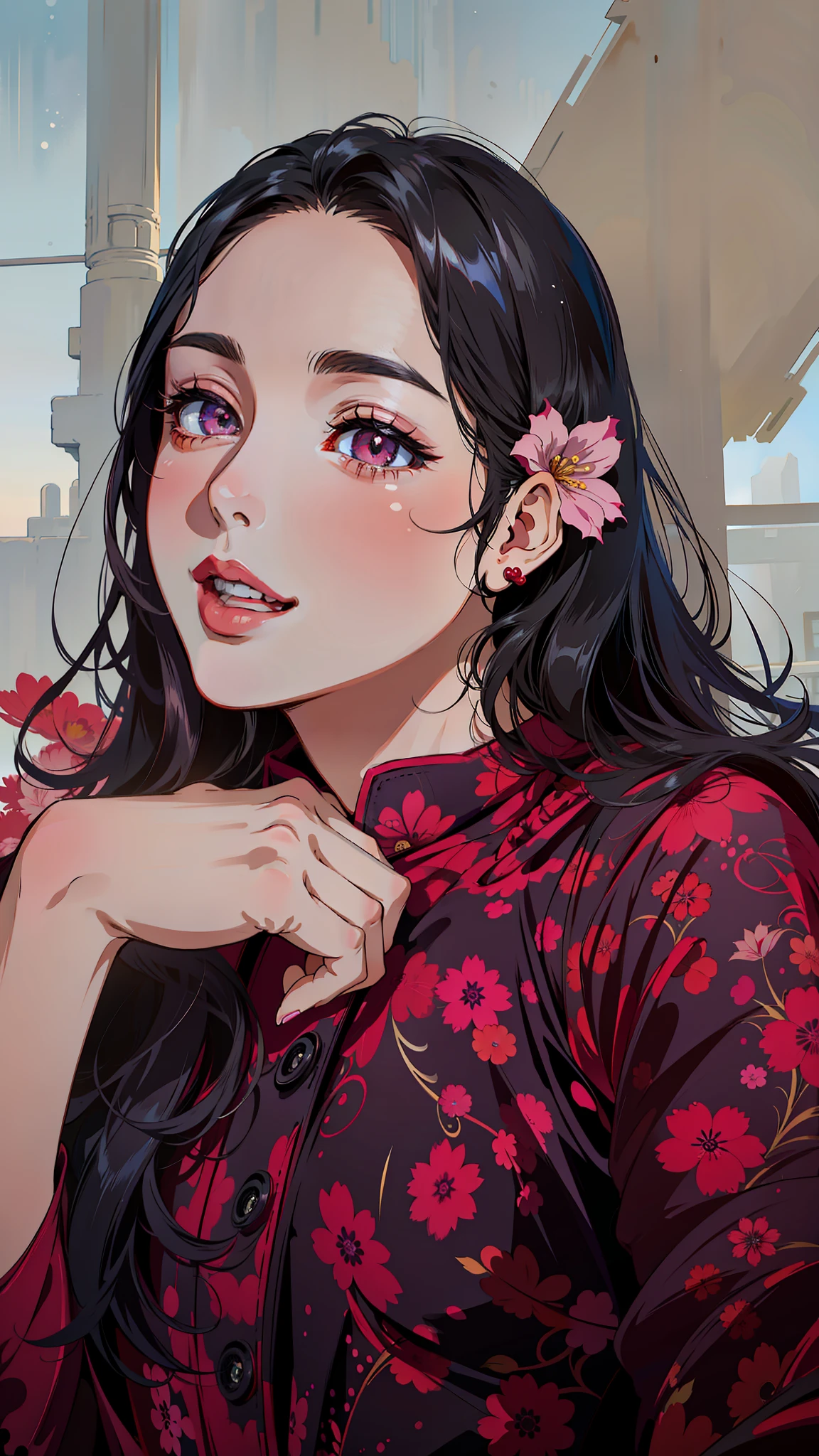 (masterpiece),(best quality:1.0), (ultra highres:1.0), detailed illustration, 8k, anime, 1girl, beautiful anime girl, wearing a red dress , intricate details, rounded face, chubby, black eyes, detailed eyes, black hair, detailed hair detailed, highlights on hair, pink flower on ear, smiling, red lipstick, perfect lips, anime style, best quality, detailed