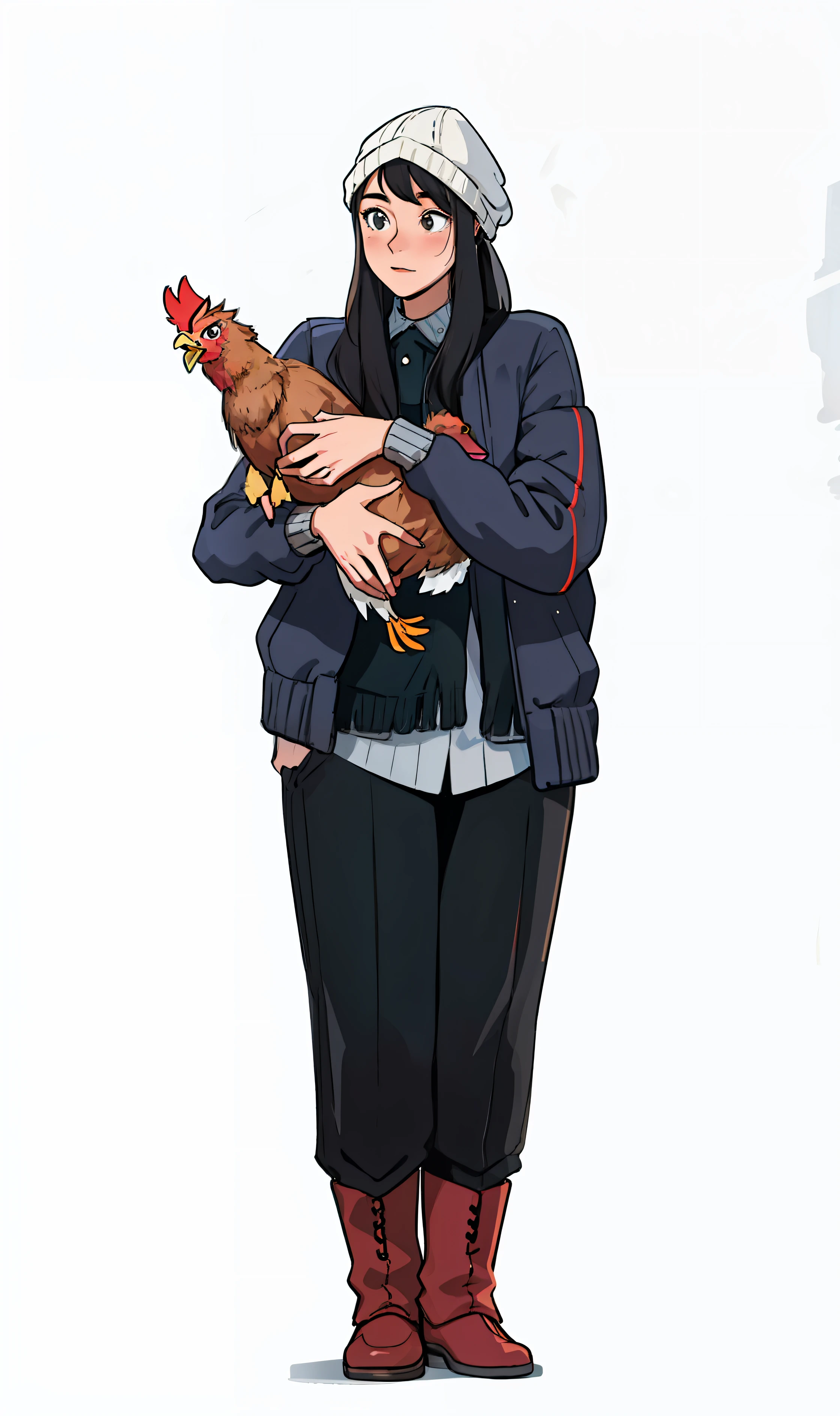 （tmasterpiece：1.4）， （best qualtiy：1.4）， （high detal：1.4）， （A high resolution：1.4）， （A detailed：1），  Woman in woolen hat holding a chicken，Gray clothes ，