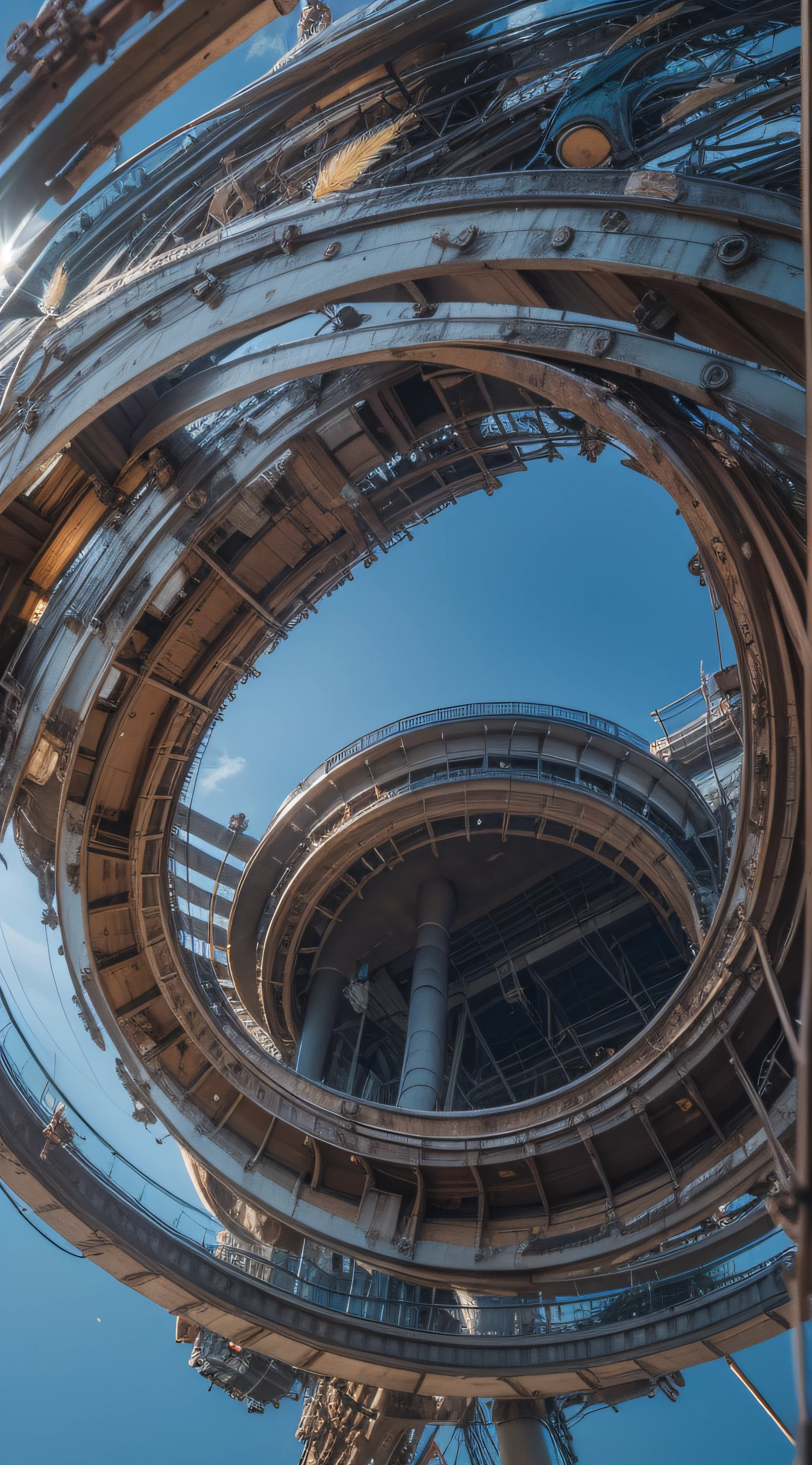 a heavily distorted, fading late morning clear sky, a singular object comprised of contorted feathers/machinery/pipes/rusted components is floating in the air, steel strings weave into each other, warped violet colored machine exterior paneling, extra detail, 4kHD details, best resolution, surrealistic composition, extreme camera angle, motion blur, depth of field, foreshortening, tilted camera angle, cinematic lighting, movie scene, lens flare, fisheye lens perspective view