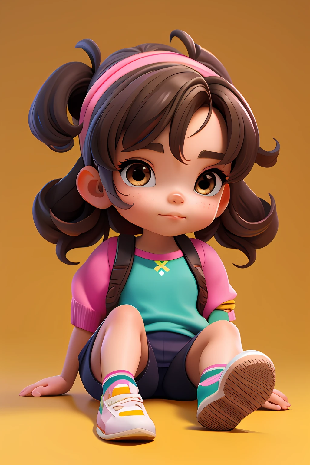 3DCHARACTER, 1 menina, barnet, sardas, hazelnut eyes, Jammers, (corpo inteiro: 1.2), fundo simples, obra-prima, melhor qualidade, (fundo gradiente) cabelos castanho brown. Feliz, cabelo curto, brown, mochila, escola, volta as aulas, estudando child