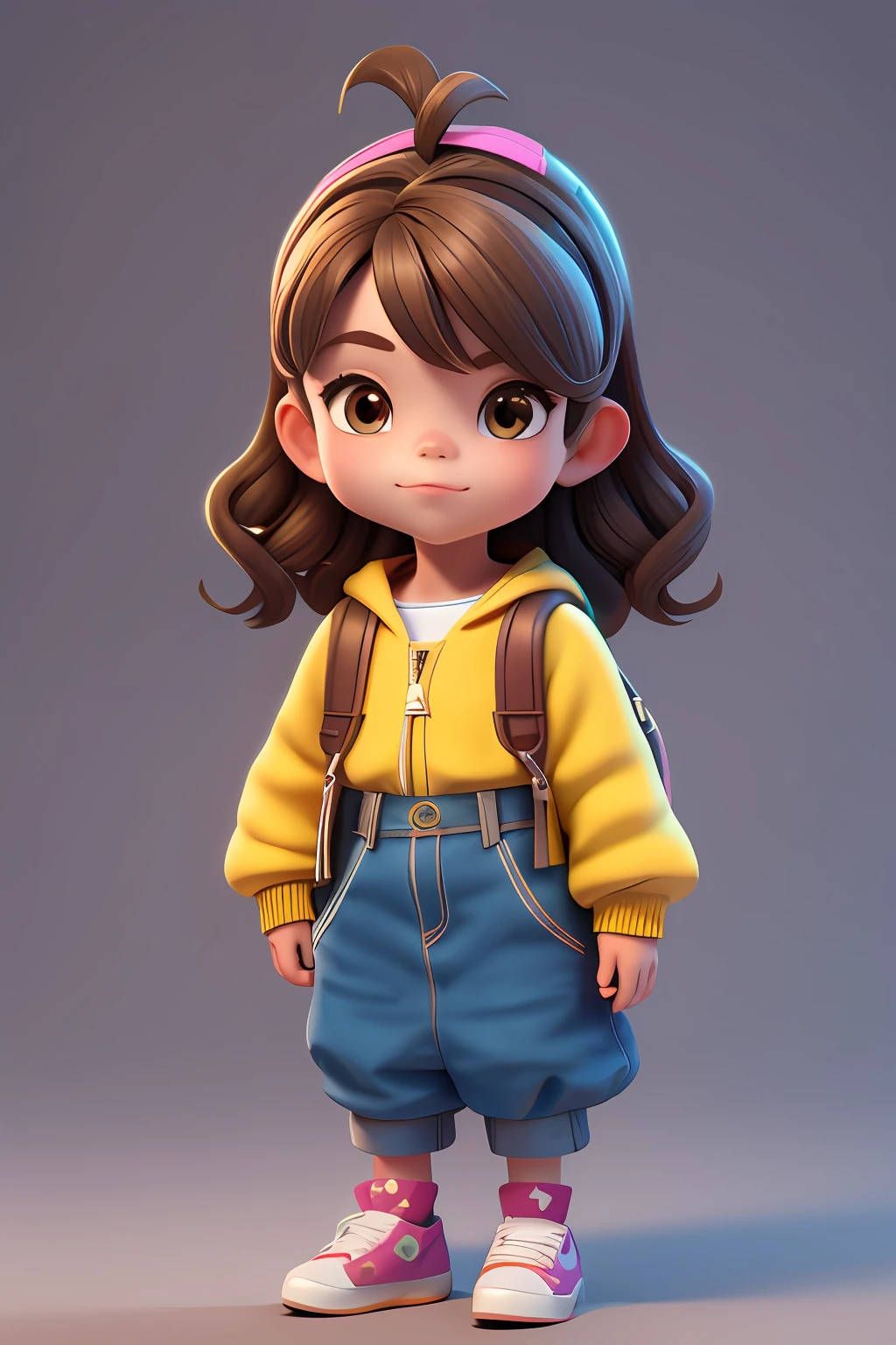 3DCHARACTER, 1 menina, barnet, sardas, hazelnut eyes, Jammers, (corpo inteiro: 1.2), fundo simples, obra-prima, melhor qualidade, (fundo gradiente) cabelos castanho brown. Feliz, cabelo curto, brown, mochila, escola, volta as aulas, estudando child