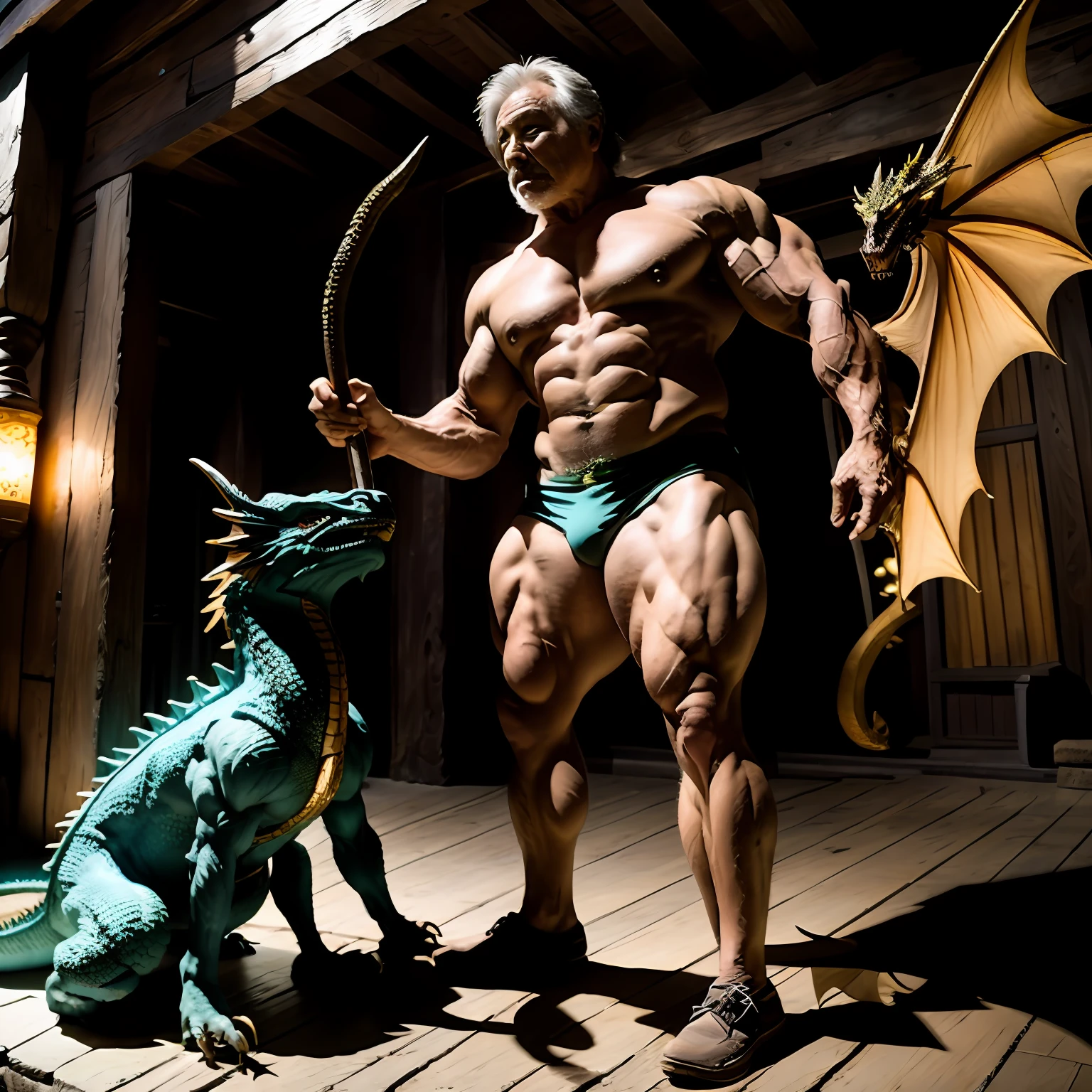 A muscular elder and his pet dragon, no algo de uma montanha observando o terreno inimigo, The man holds a staff and the dragon stands behind him, detalhes intrincados, Arte fantasia, espetacular, Arte premiada